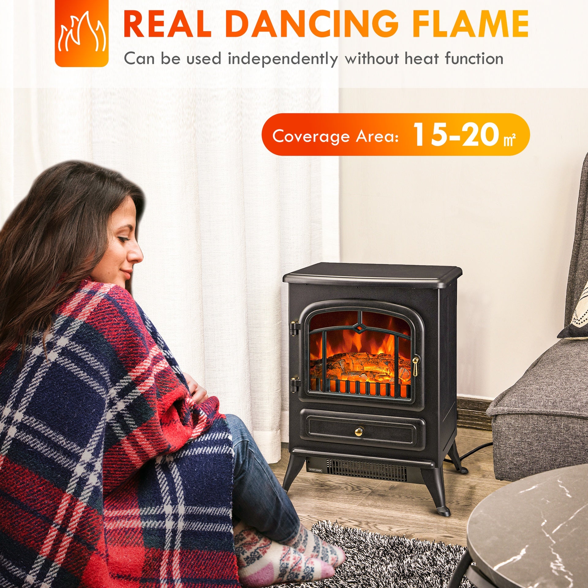 HOMCOM Fireplace Stove, Electric Fireplace Heater with Realistic LED Flames and Logs, 725W/1450W, Black