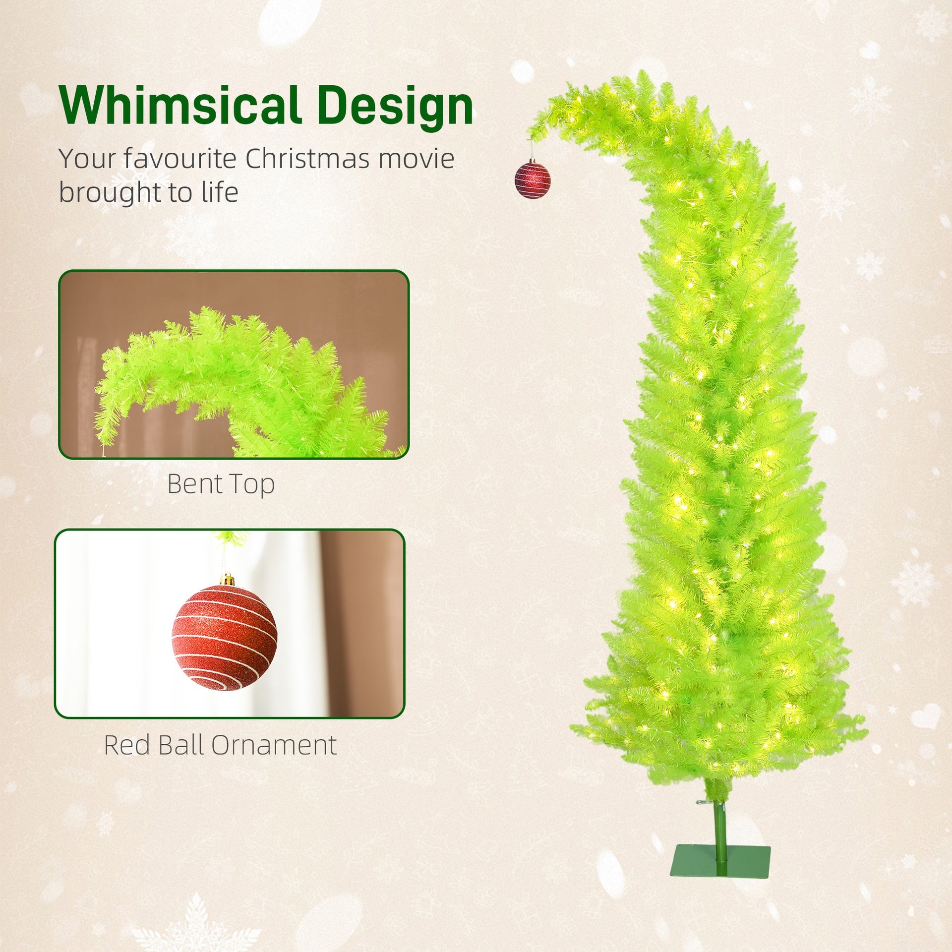 HOMCOM 6 ft Whimsical Christmas Tree, Pencil Xmas Tree with with Red Ball, Metal Base, Prelit with 230 LED Lights
