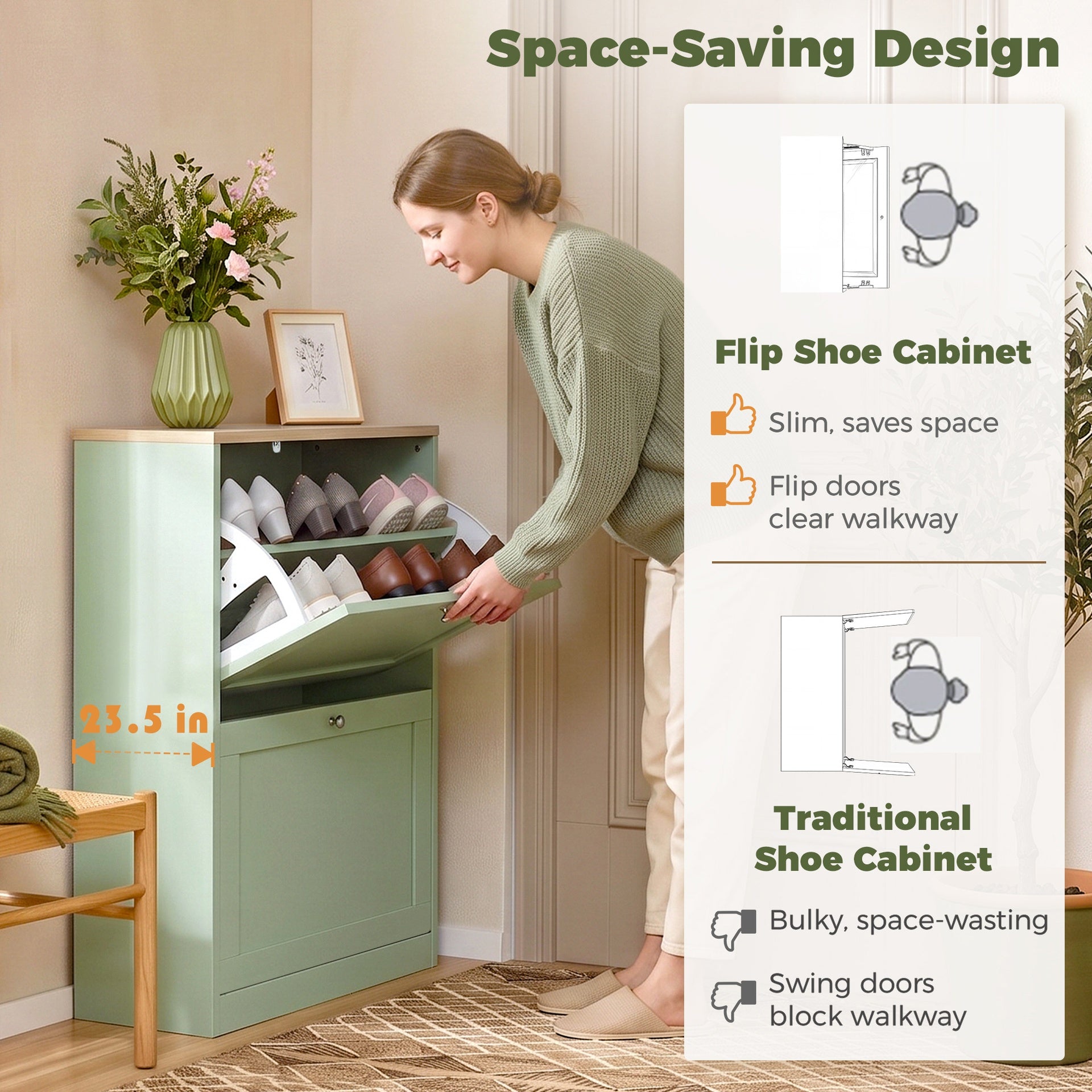 HOMCOM Slim Shoe Storage Cabinet, Modern Shoe Cabinet with 2 Flip Drawers and Adjustable Shelves for 8-12 Pairs, Green