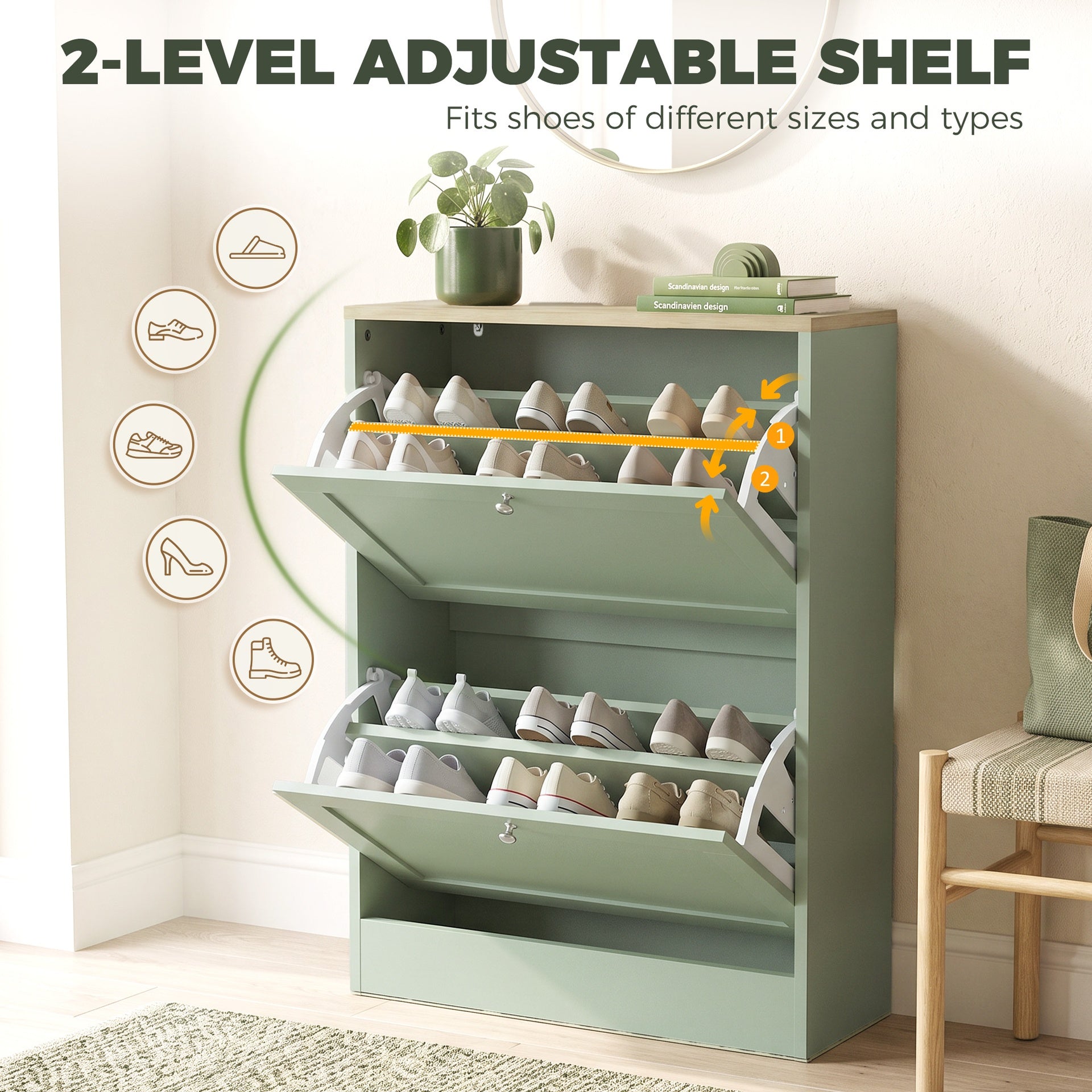 HOMCOM Slim Shoe Storage Cabinet, Modern Shoe Cabinet with 2 Flip Drawers and Adjustable Shelves for 8-12 Pairs, Green