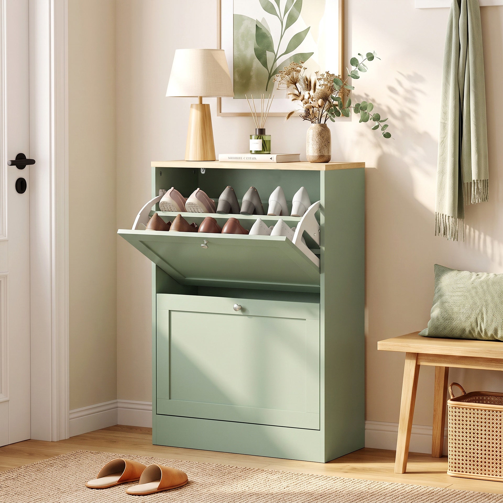 HOMCOM Slim Shoe Storage Cabinet, Modern Shoe Cabinet with 2 Flip Drawers and Adjustable Shelves for 8-12 Pairs, Green