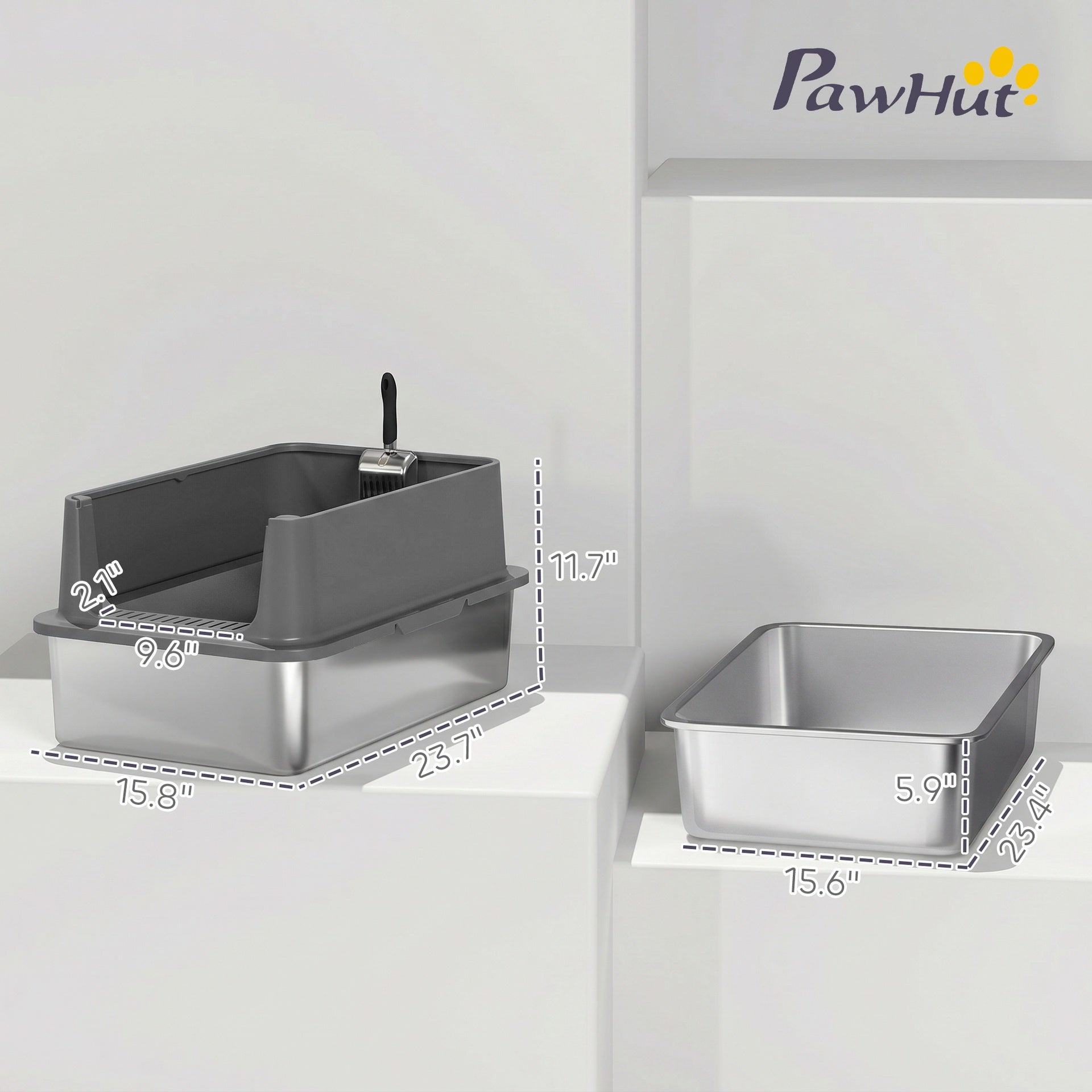 PawHut Extra Large Stainless Steel Cat Litter Box with Scoop & Pad, Anti-Urine Leakage, Easy Cleaning, Non-Sticky