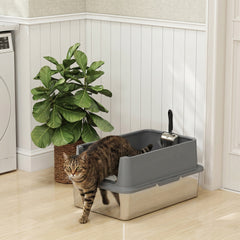 PawHut Extra Large Stainless Steel Cat Litter Box with Scoop & Pad, Anti-Urine Leakage, Easy Cleaning, Non-Sticky