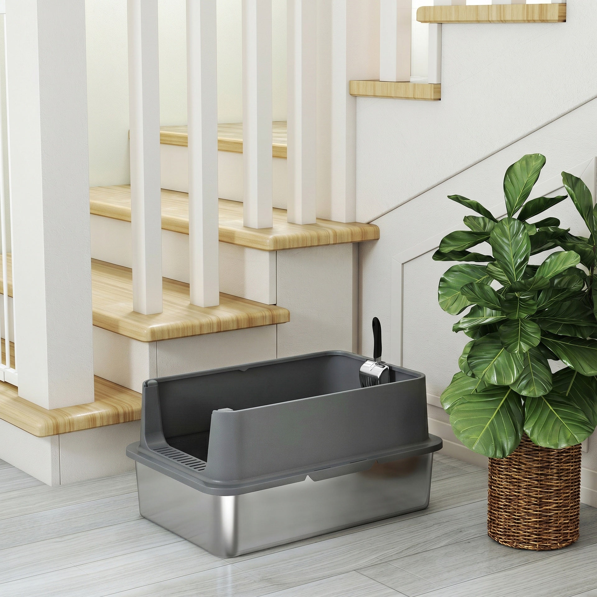 PawHut Extra Large Stainless Steel Cat Litter Box with Scoop & Pad, Anti-Urine Leakage, Easy Cleaning, Non-Sticky