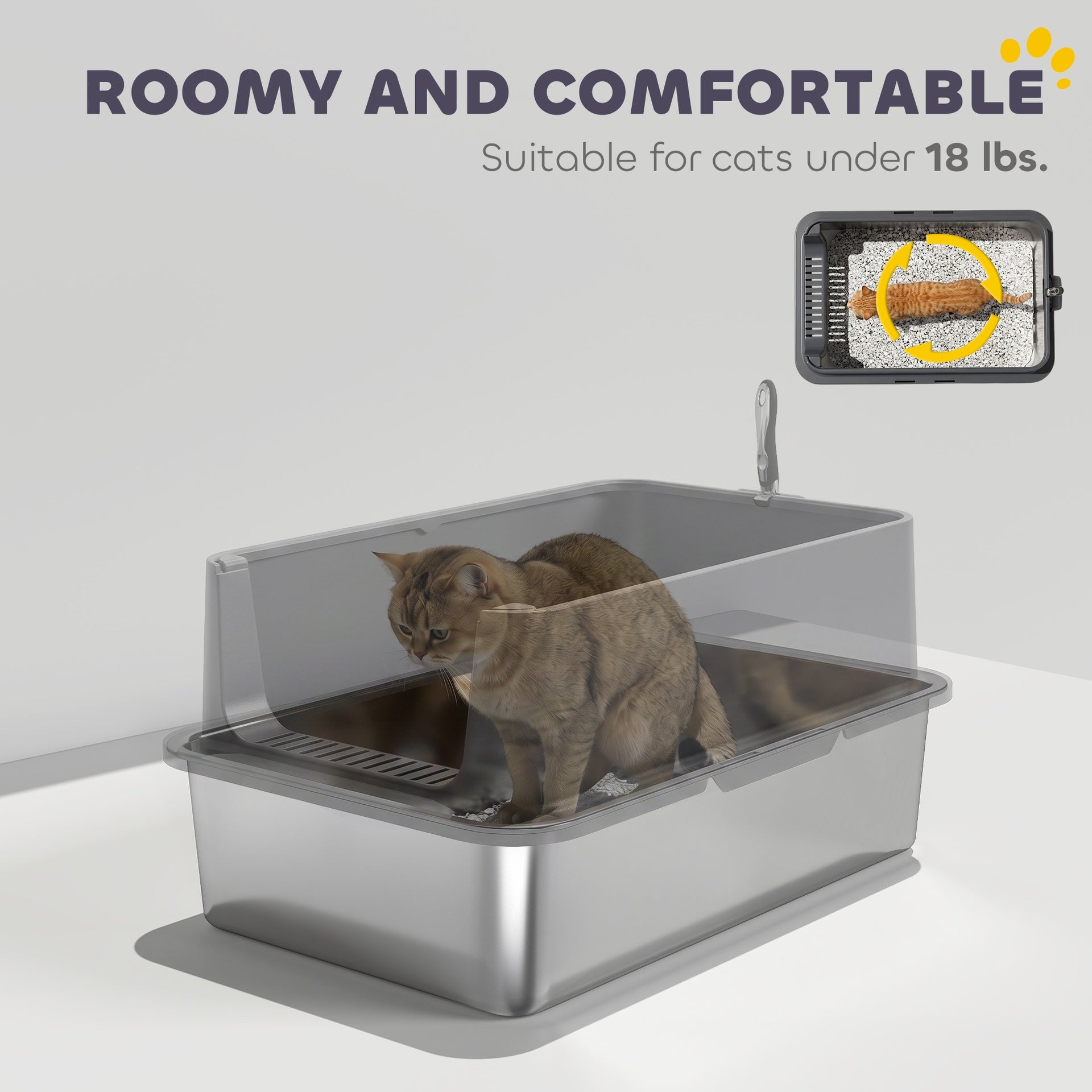 PawHut Extra Large Stainless Steel Cat Litter Box with Scoop & Pad, Anti-Urine Leakage, Easy Cleaning, Non-Sticky