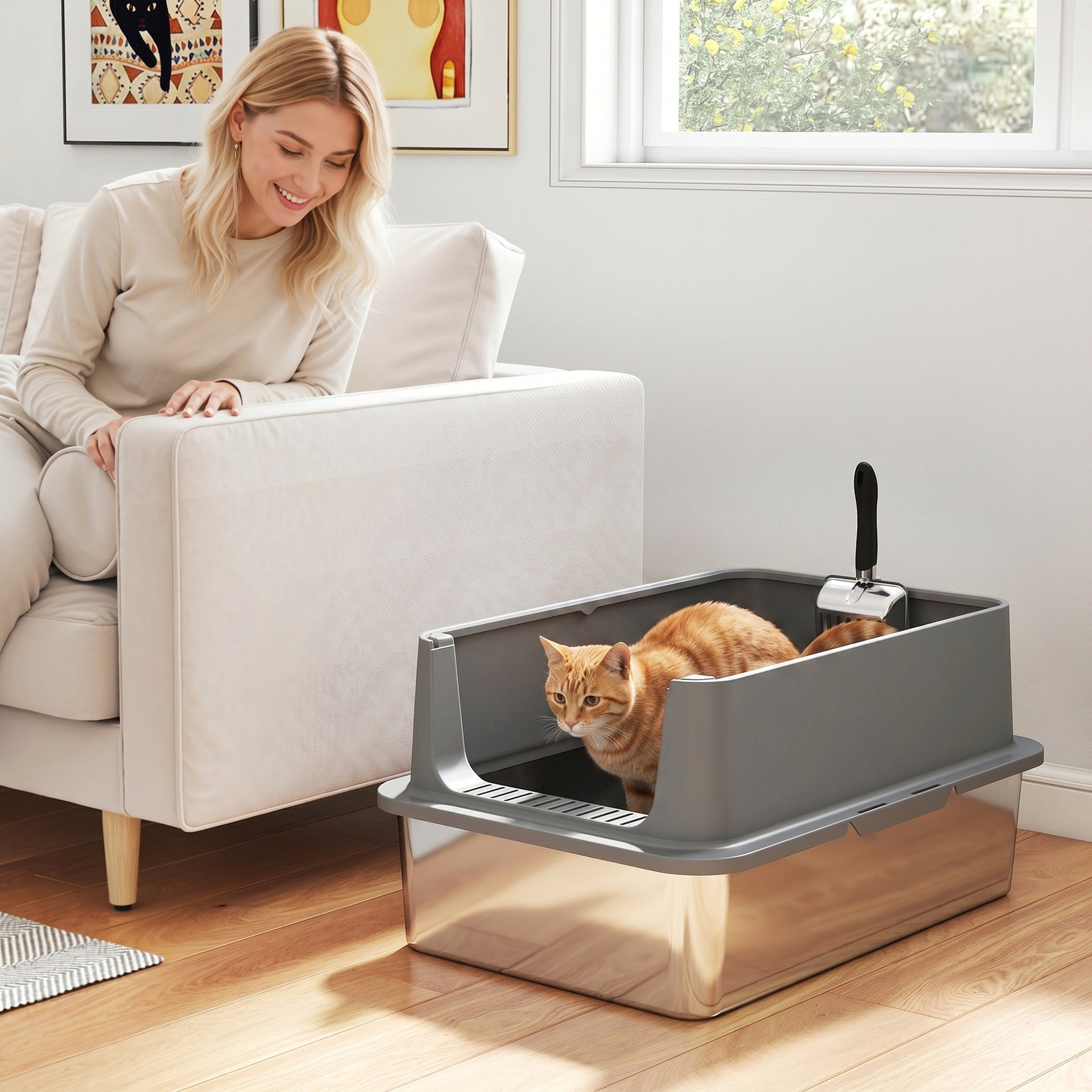 PawHut Extra Large Stainless Steel Cat Litter Box with Scoop & Pad, Anti-Urine Leakage, Easy Cleaning, Non-Sticky