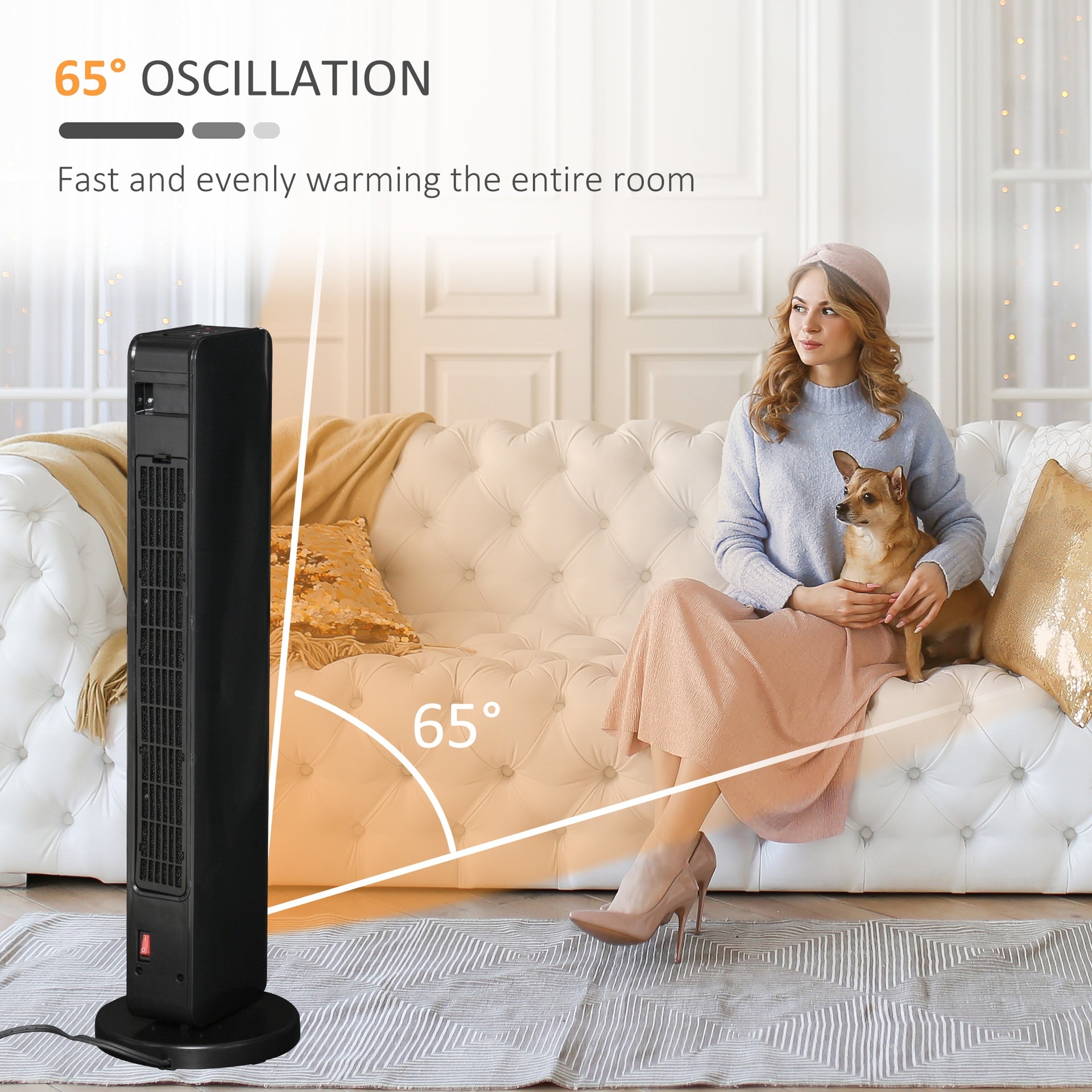 HOMCOM 2-In-1 Portable Electric Tower Heater, Oscillating Space Heater for Indoor Use with Remote Control, 8H Timer, Three Heating Modes(High, Low, Fan), 750W / 1500W, Black