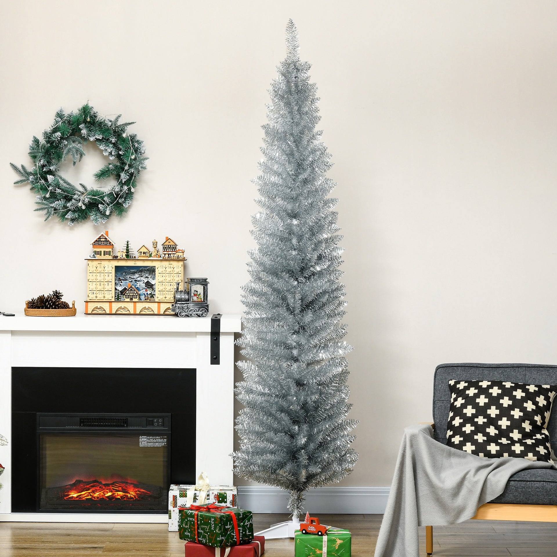 HOMCOM 7ft Unlit Pencil Artificial Christmas Tree with Realistic Branches and 499 Tips, Plastic Base, Silver
