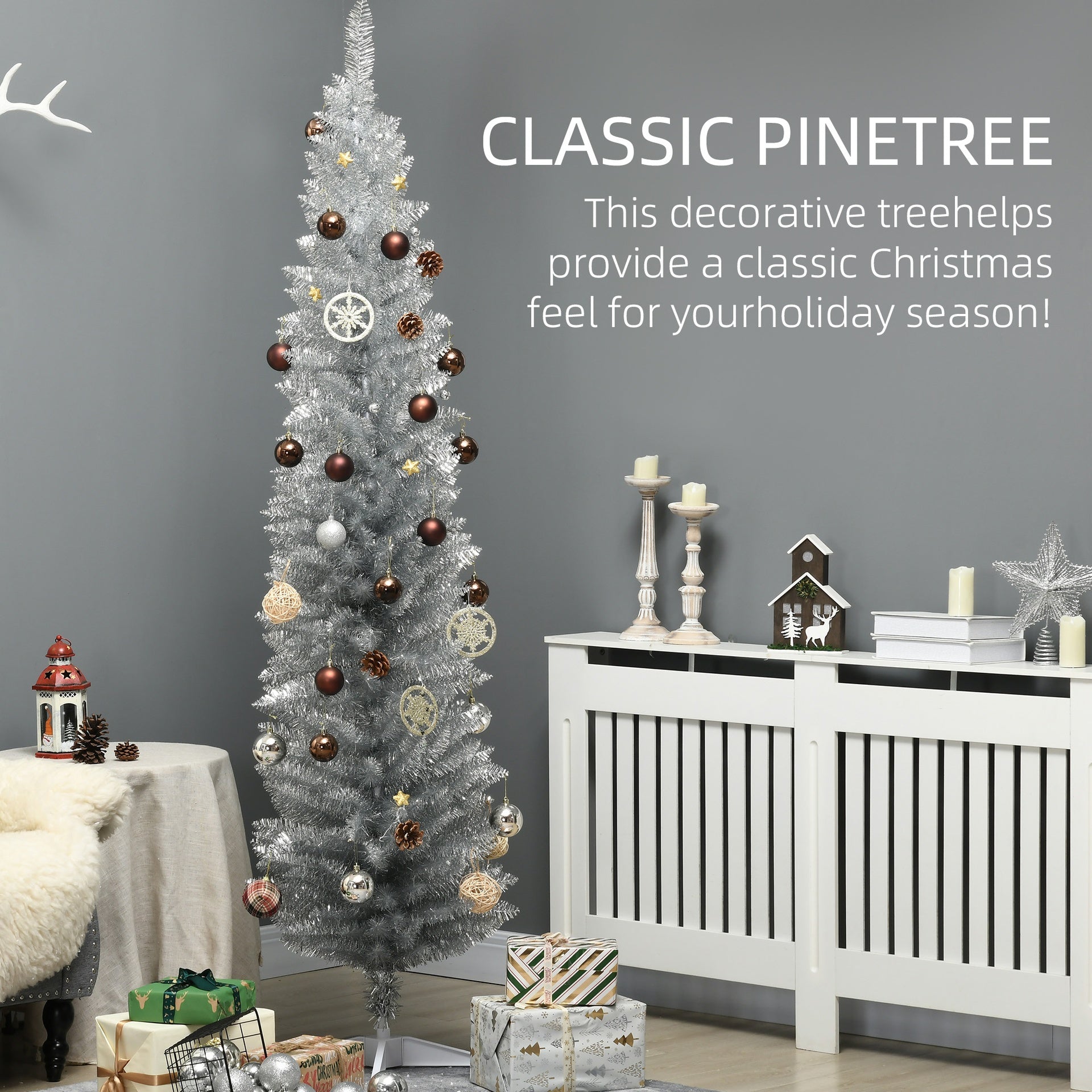 HOMCOM 7ft Unlit Pencil Artificial Christmas Tree with Realistic Branches and 499 Tips, Plastic Base, Silver