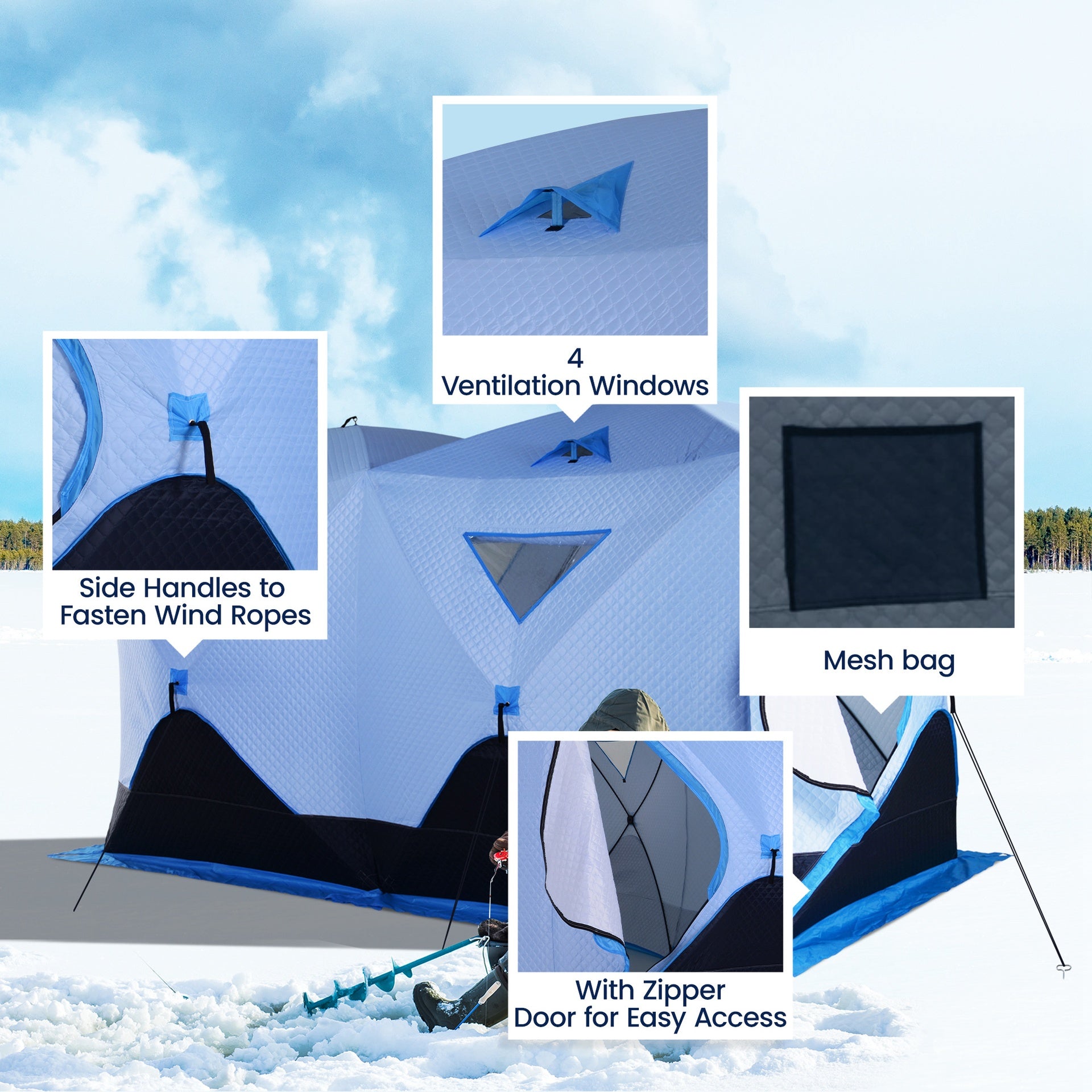 Outsunny 5-8 Person Ice Fishing Shelter, Pop-up Ice Fishing Tent, Ice Shanty, Portable and Insulated, with 2 Doors and Carrying Bag, Light Blue