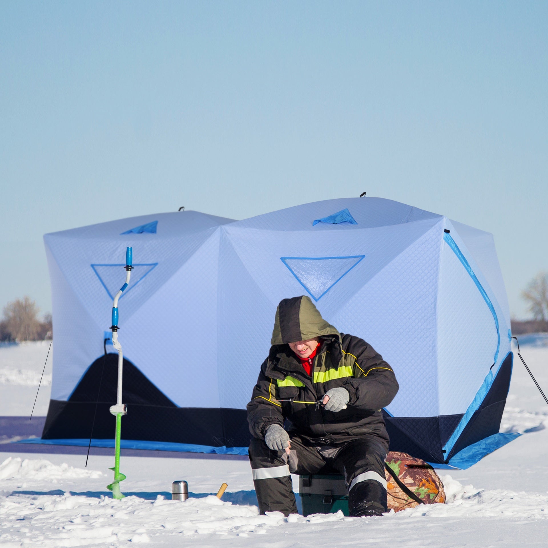 Outsunny 5-8 Person Ice Fishing Shelter, Pop-up Ice Fishing Tent, Ice Shanty, Portable and Insulated, with 2 Doors and Carrying Bag, Light Blue
