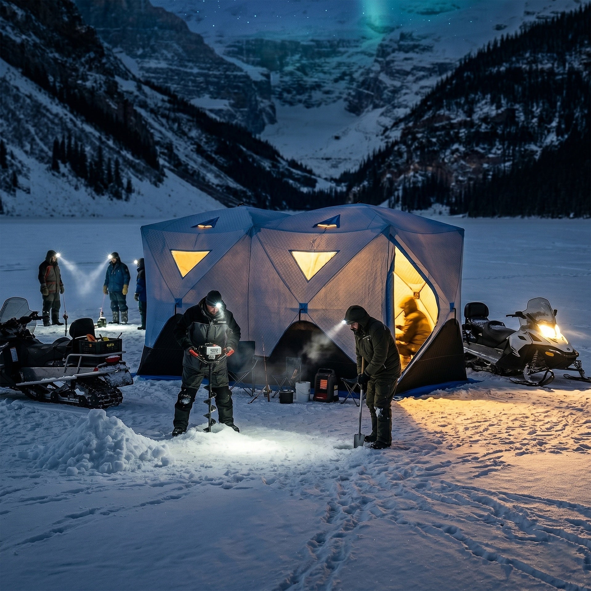 Outsunny 5-8 Person Ice Fishing Shelter, Pop-up Ice Fishing Tent, Ice Shanty, Portable and Insulated, with 2 Doors and Carrying Bag, Light Blue