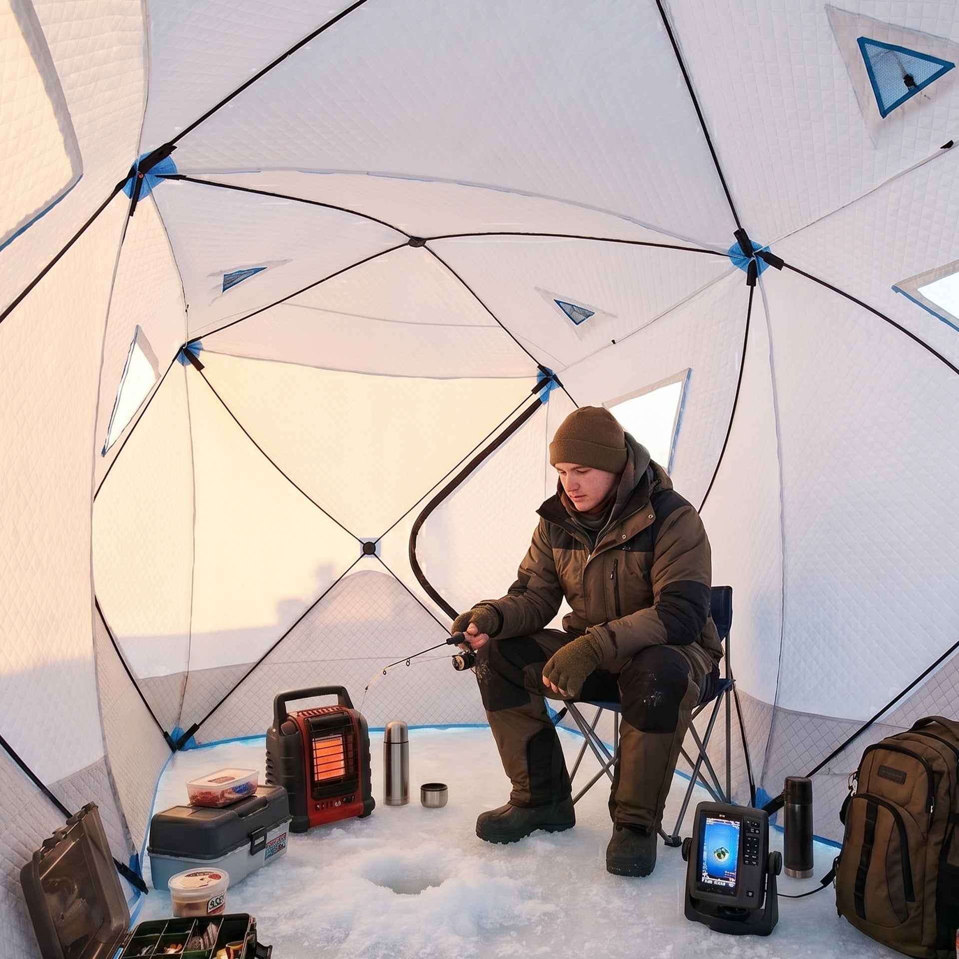 Outsunny 5-8 Person Ice Fishing Shelter, Pop-up Ice Fishing Tent, Ice Shanty, Portable and Insulated, with 2 Doors and Carrying Bag, Light Blue