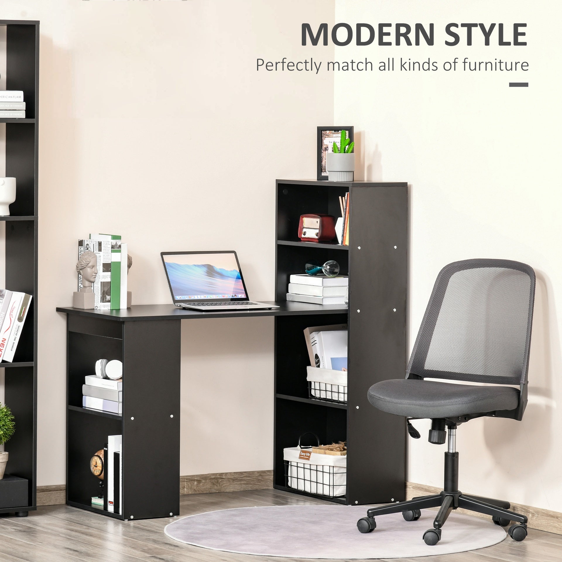 HOMCOM Computer Desk with 6-Tier Storage Shelves, Writing Desk Workstation with Bookshelf for Home Office, Black