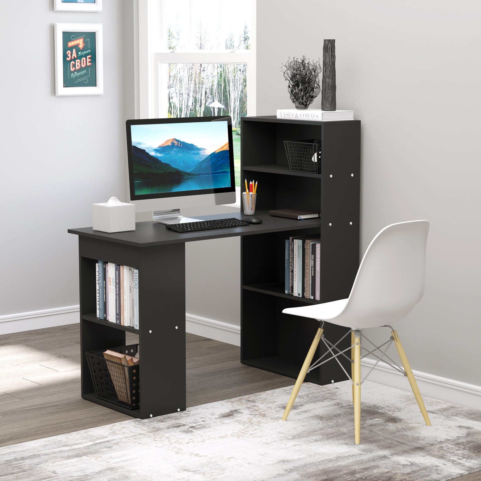 HOMCOM Computer Desk with 6-Tier Storage Shelves, Writing Desk Workstation with Bookshelf for Home Office, Black