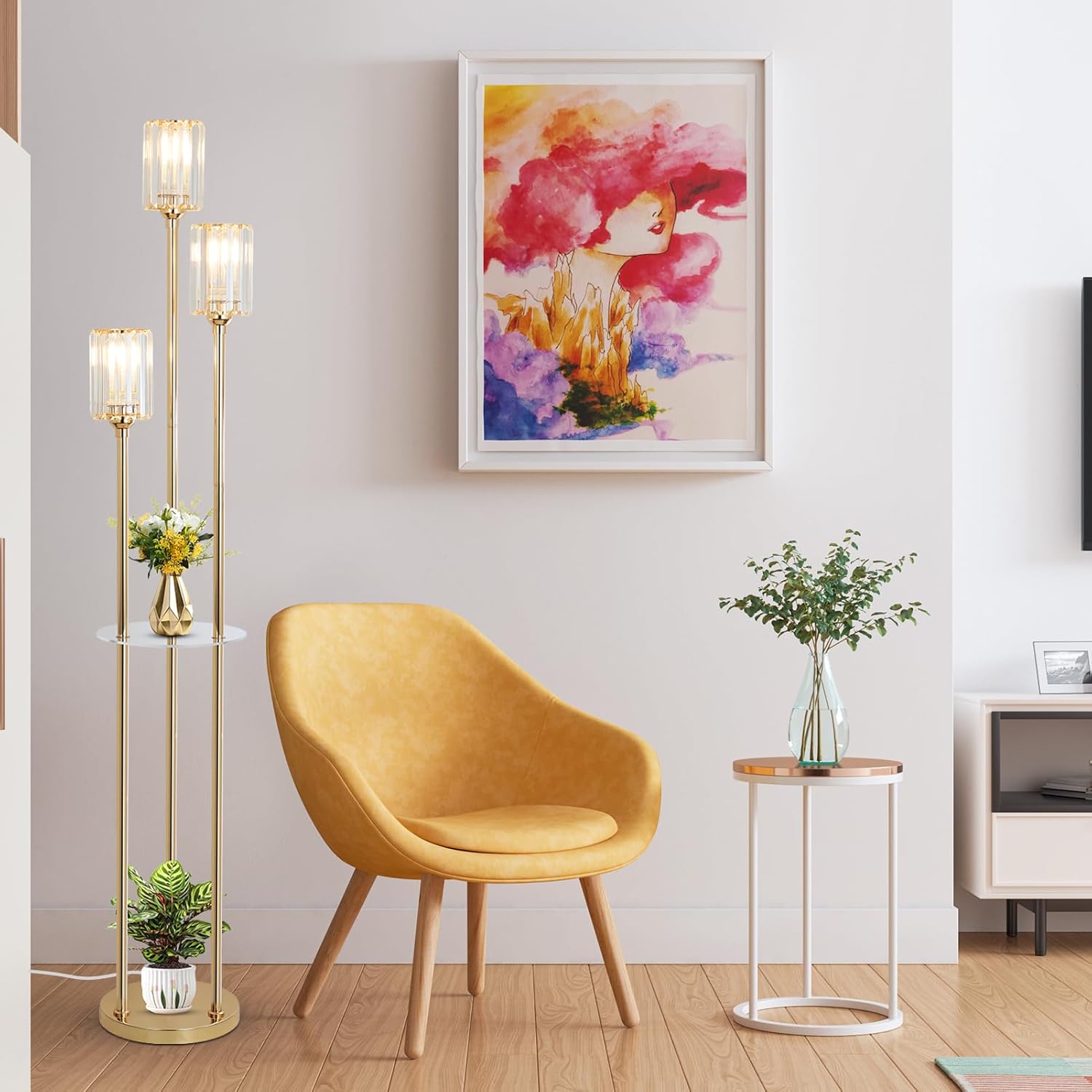 Gold Floor Lamps for Living Room, Modern Floor Lamp with Shelves, Crystal Standing Lamps with Table, Brass Tall Lamp with Crystal Shade, On/Off Switch, Mid Century Corner Floor Lamp for Bedroom