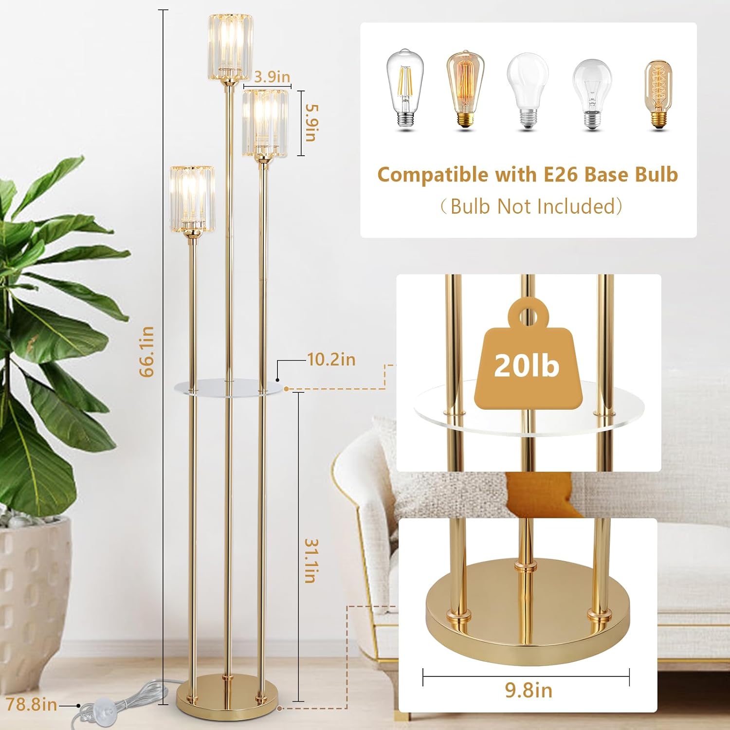 Gold Floor Lamps for Living Room, Modern Floor Lamp with Shelves, Crystal Standing Lamps with Table, Brass Tall Lamp with Crystal Shade, On/Off Switch, Mid Century Corner Floor Lamp for Bedroom