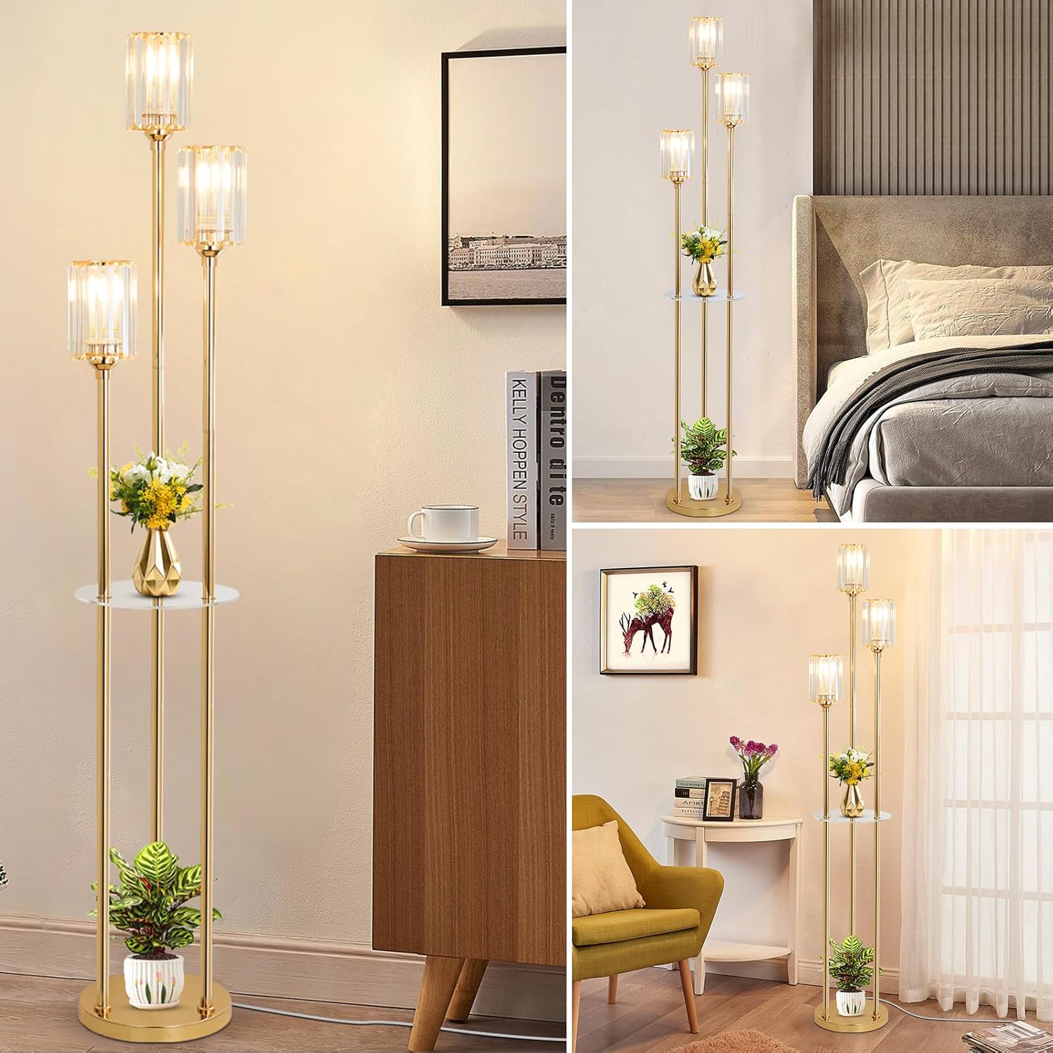 Gold Floor Lamps for Living Room, Modern Floor Lamp with Shelves, Crystal Standing Lamps with Table, Brass Tall Lamp with Crystal Shade, On/Off Switch, Mid Century Corner Floor Lamp for Bedroom