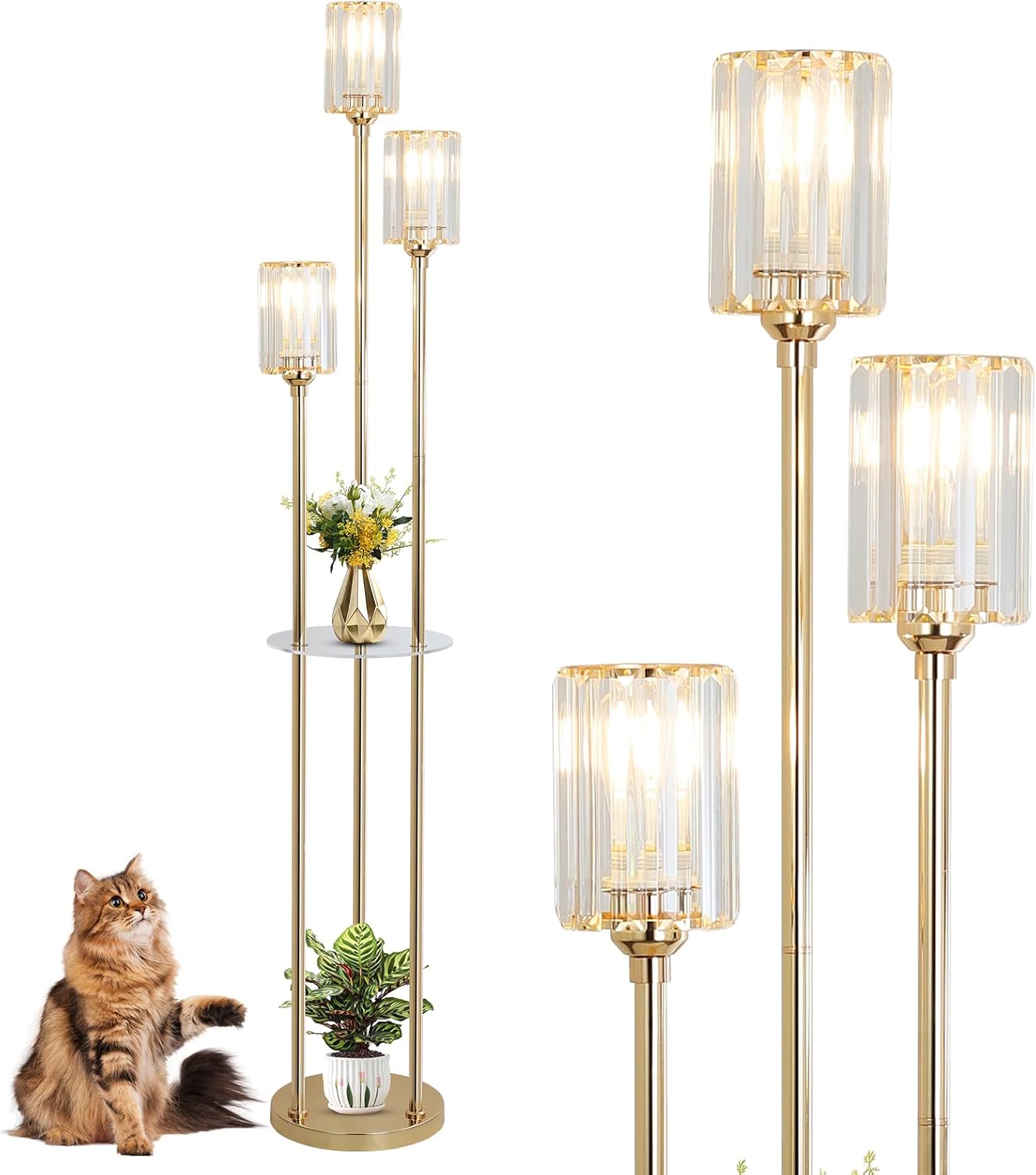 Gold Floor Lamps for Living Room, Modern Floor Lamp with Shelves, Crystal Standing Lamps with Table, Brass Tall Lamp with Crystal Shade, On/Off Switch, Mid Century Corner Floor Lamp for Bedroom