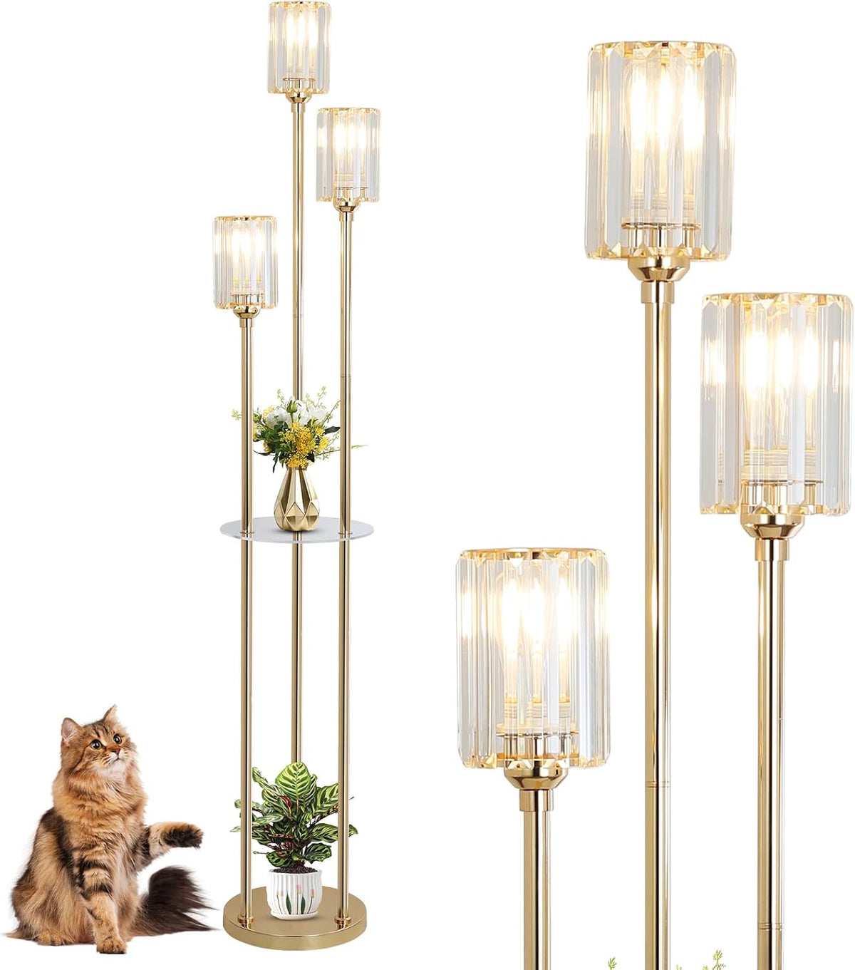 Gold Floor Lamps for Living Room, Modern Floor Lamp with Shelves, Crystal Standing Lamps with Table, Brass Tall Lamp with Crystal Shade, On/Off Switch, Mid Century Corner Floor Lamp for Bedroom