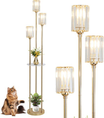 Gold Floor Lamps for Living Room, Modern Floor Lamp with Shelves, Crystal Standing Lamps with Table, Brass Tall Lamp with Crystal Shade, On/Off Switch, Mid Century Corner Floor Lamp for Bedroom