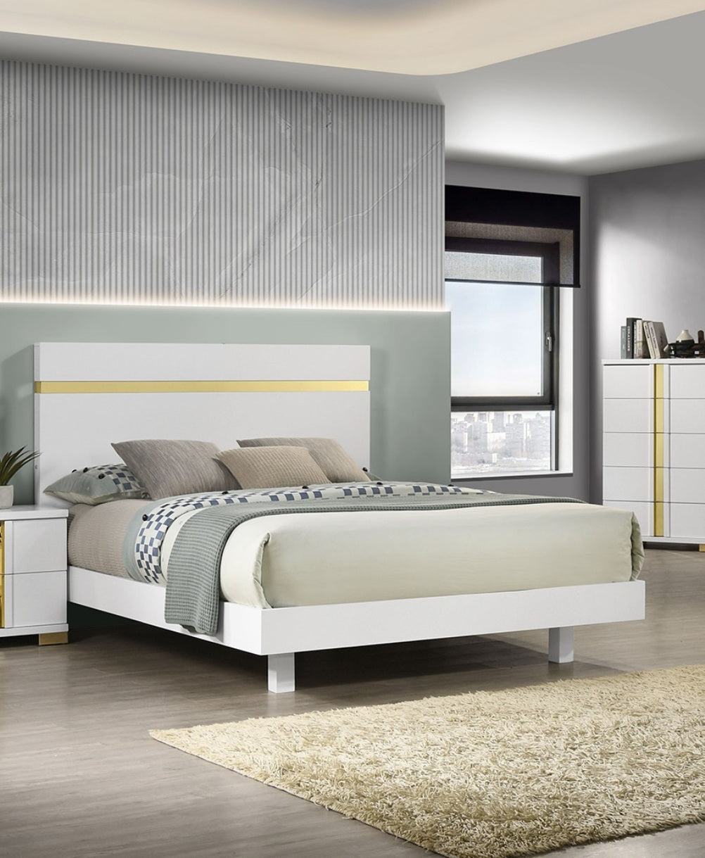 Modern White 3pc Bedroom Set Full Size Bed w LED 2x Nightstands Mattress Ready Furniture Acrylic Trim