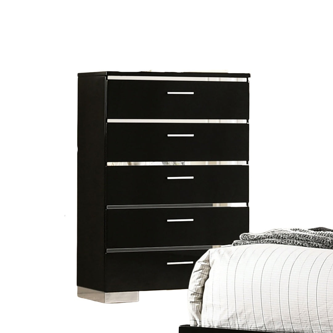 Black And Chrome Finish 1pc Chest 5-Drawers Modern Contemporary Style Chrome Finish Handles And Feet High Gloss Coating Lacquer Bedroom Furniture