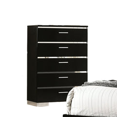 Black And Chrome Finish 1pc Chest 5-Drawers Modern Contemporary Style Chrome Finish Handles And Feet High Gloss Coating Lacquer Bedroom Furniture