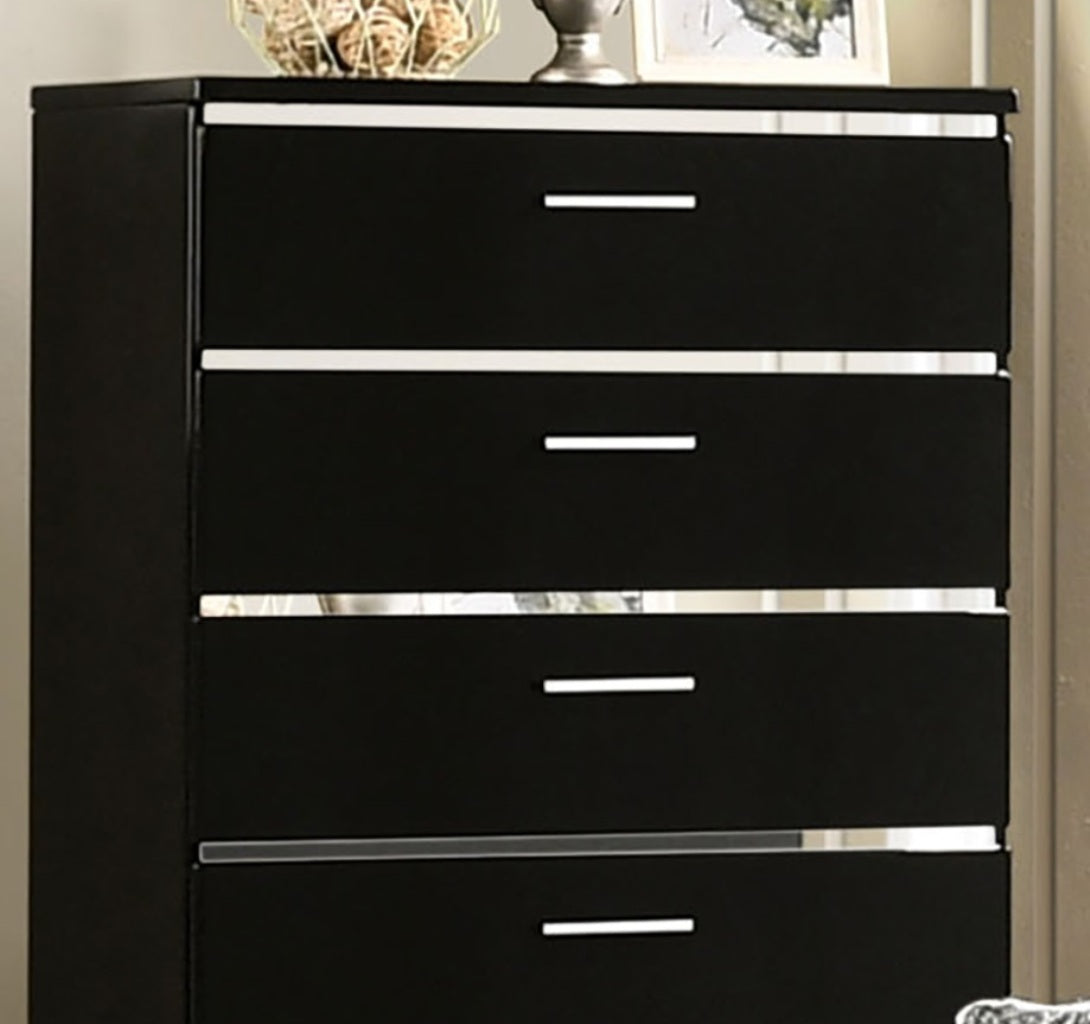 Black And Chrome Finish 1pc Chest 5-Drawers Modern Contemporary Style Chrome Finish Handles And Feet High Gloss Coating Lacquer Bedroom Furniture