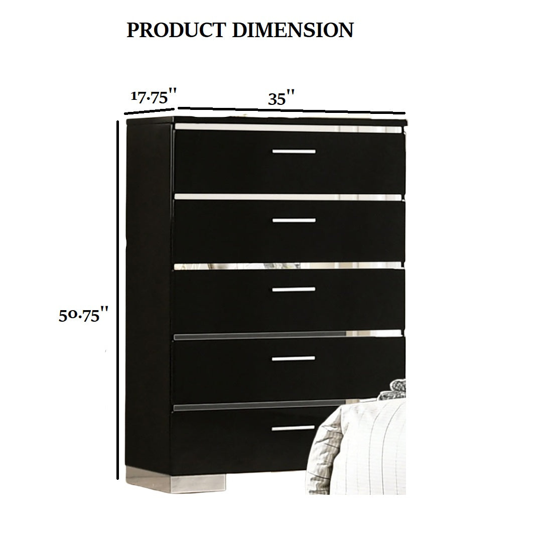 Black And Chrome Finish 1pc Chest 5-Drawers Modern Contemporary Style Chrome Finish Handles And Feet High Gloss Coating Lacquer Bedroom Furniture