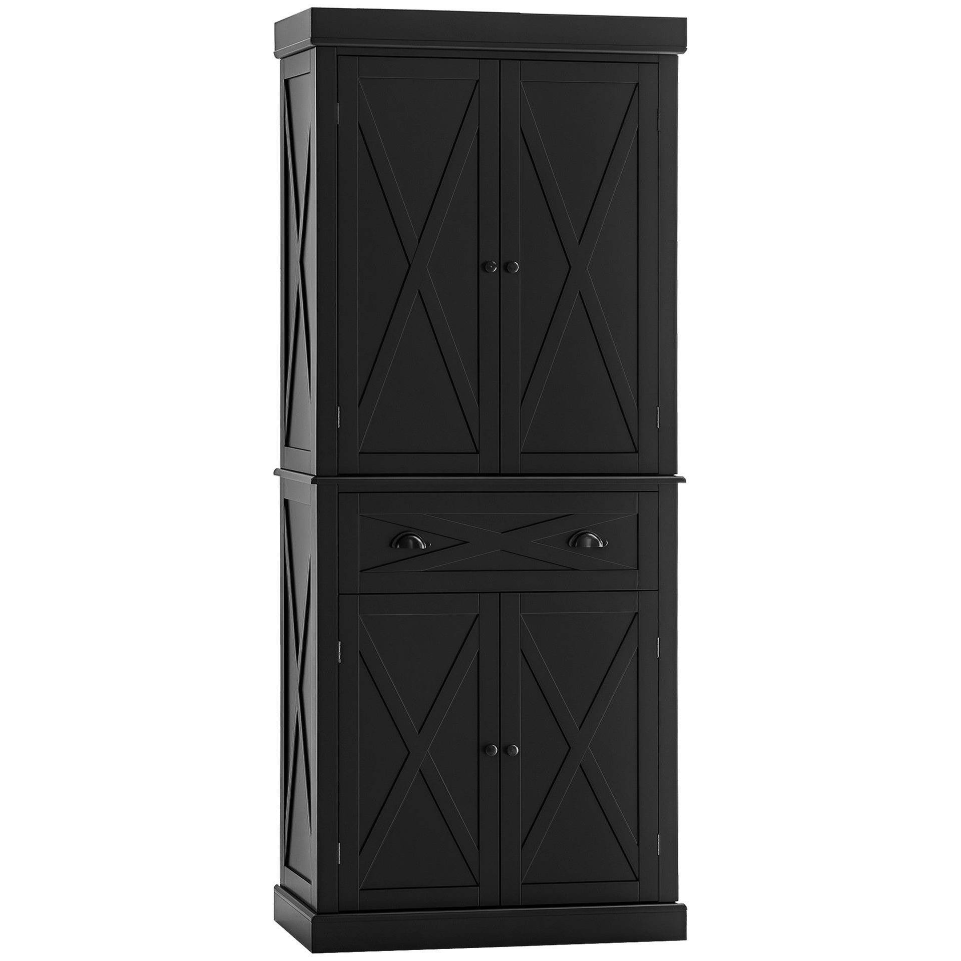 HOMCOM 72" Kitchen Pantry Storage Cabinet, Traditional Freestanding Pantry Cabinet with 4 Doors and 2 Adjustable Shelves, Large Central Drawer, X-Frame, Black