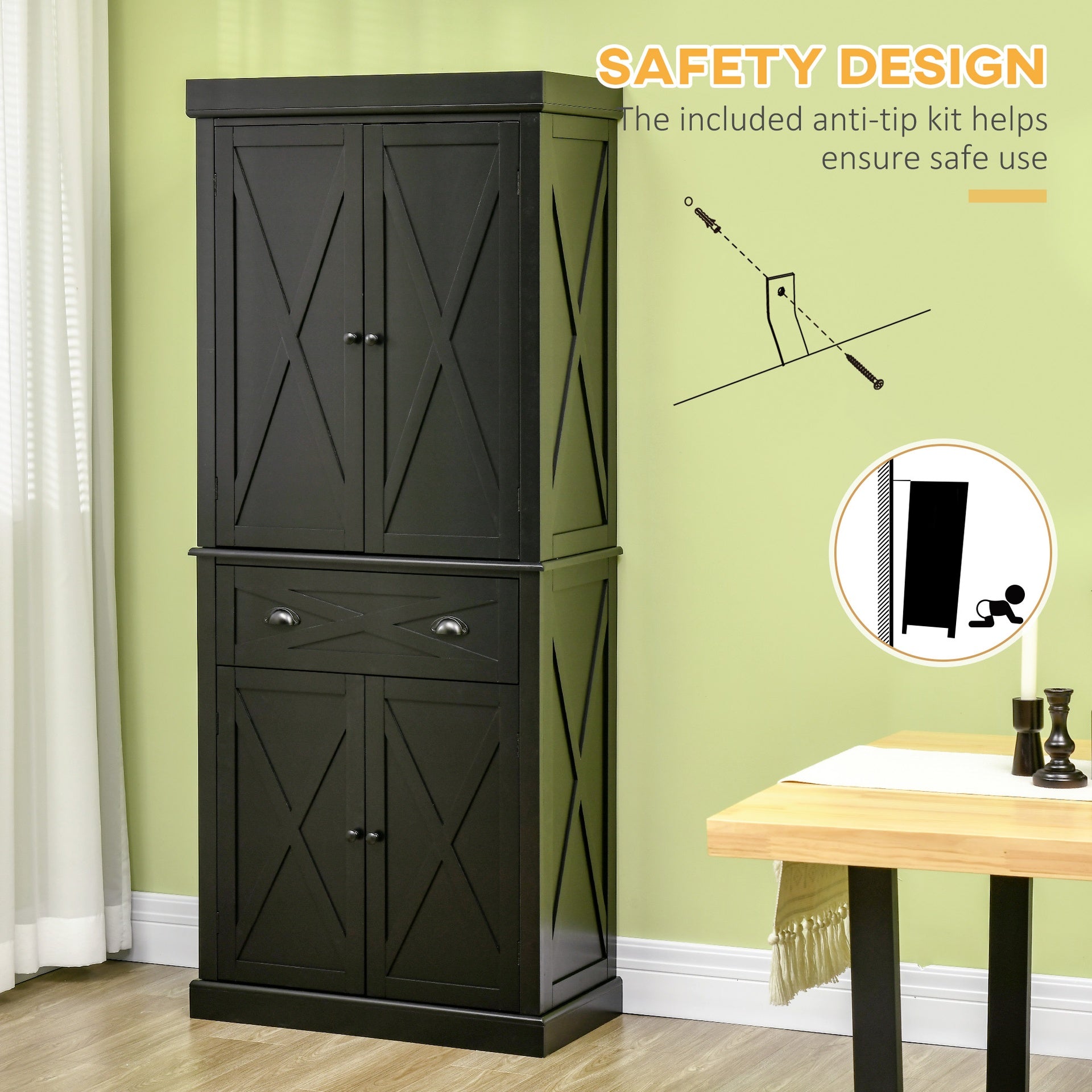 HOMCOM 72" Kitchen Pantry Storage Cabinet, Traditional Freestanding Pantry Cabinet with 4 Doors and 2 Adjustable Shelves, Large Central Drawer, X-Frame, Black