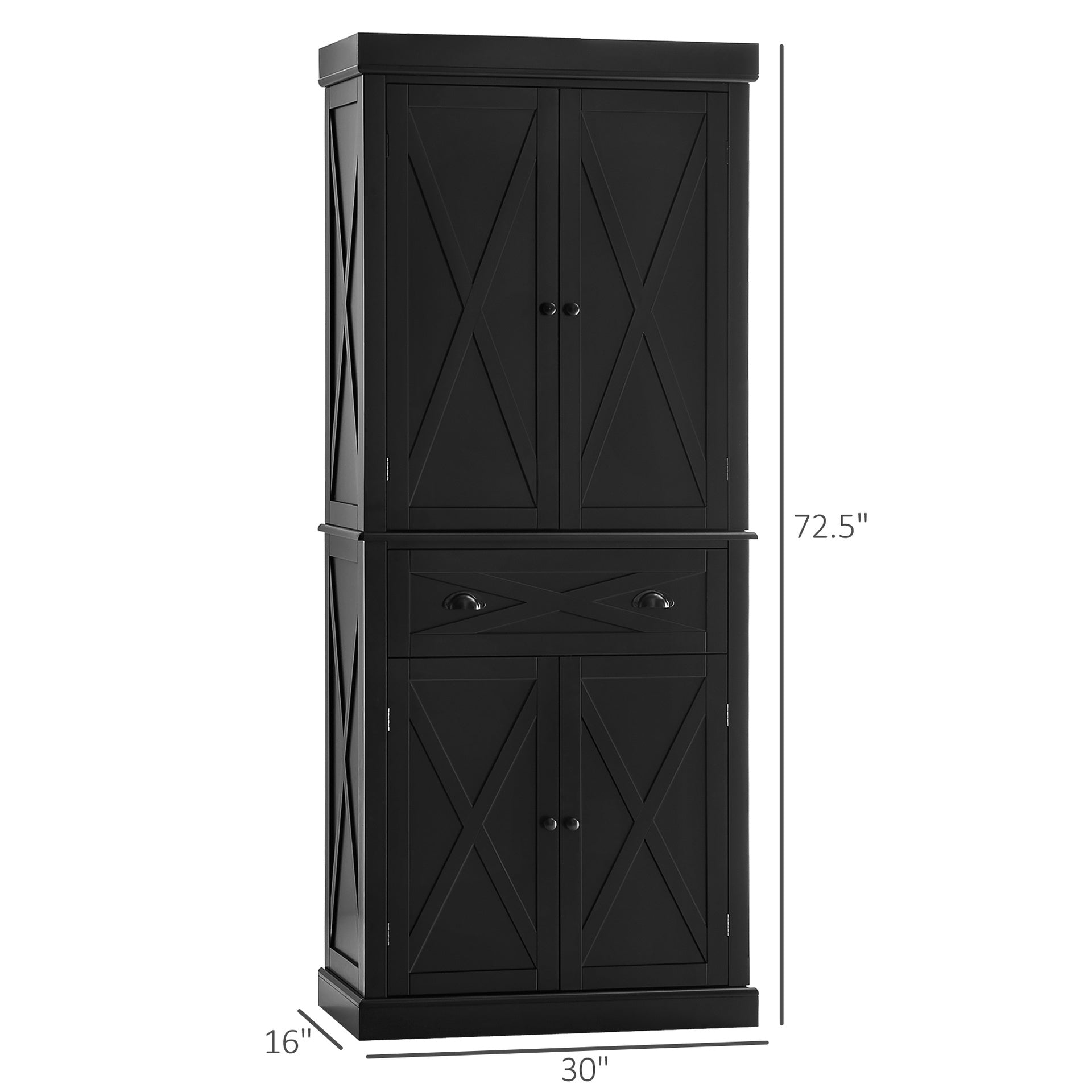 HOMCOM 72" Kitchen Pantry Storage Cabinet, Traditional Freestanding Pantry Cabinet with 4 Doors and 2 Adjustable Shelves, Large Central Drawer, X-Frame, Black