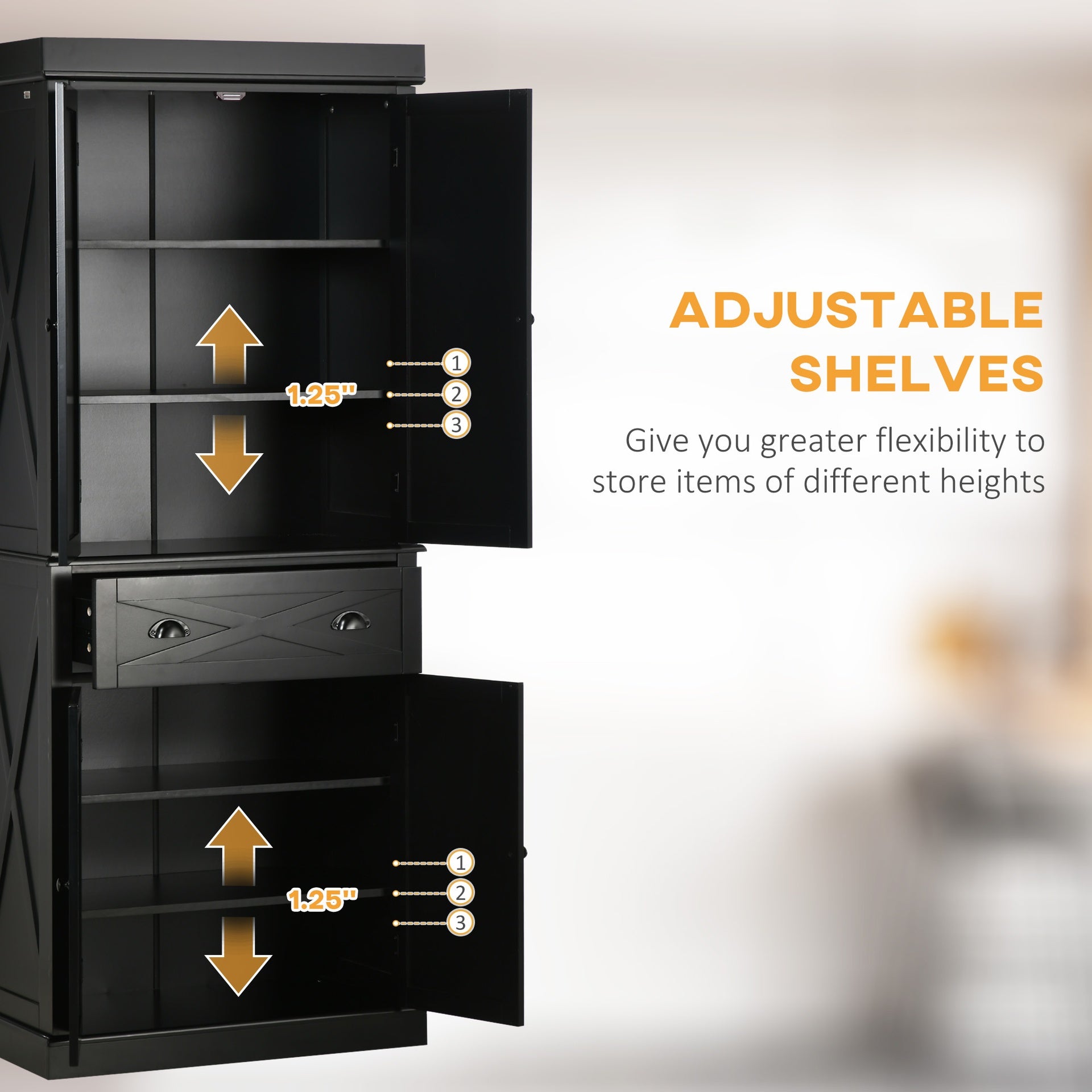 HOMCOM 72" Kitchen Pantry Storage Cabinet, Traditional Freestanding Pantry Cabinet with 4 Doors and 2 Adjustable Shelves, Large Central Drawer, X-Frame, Black