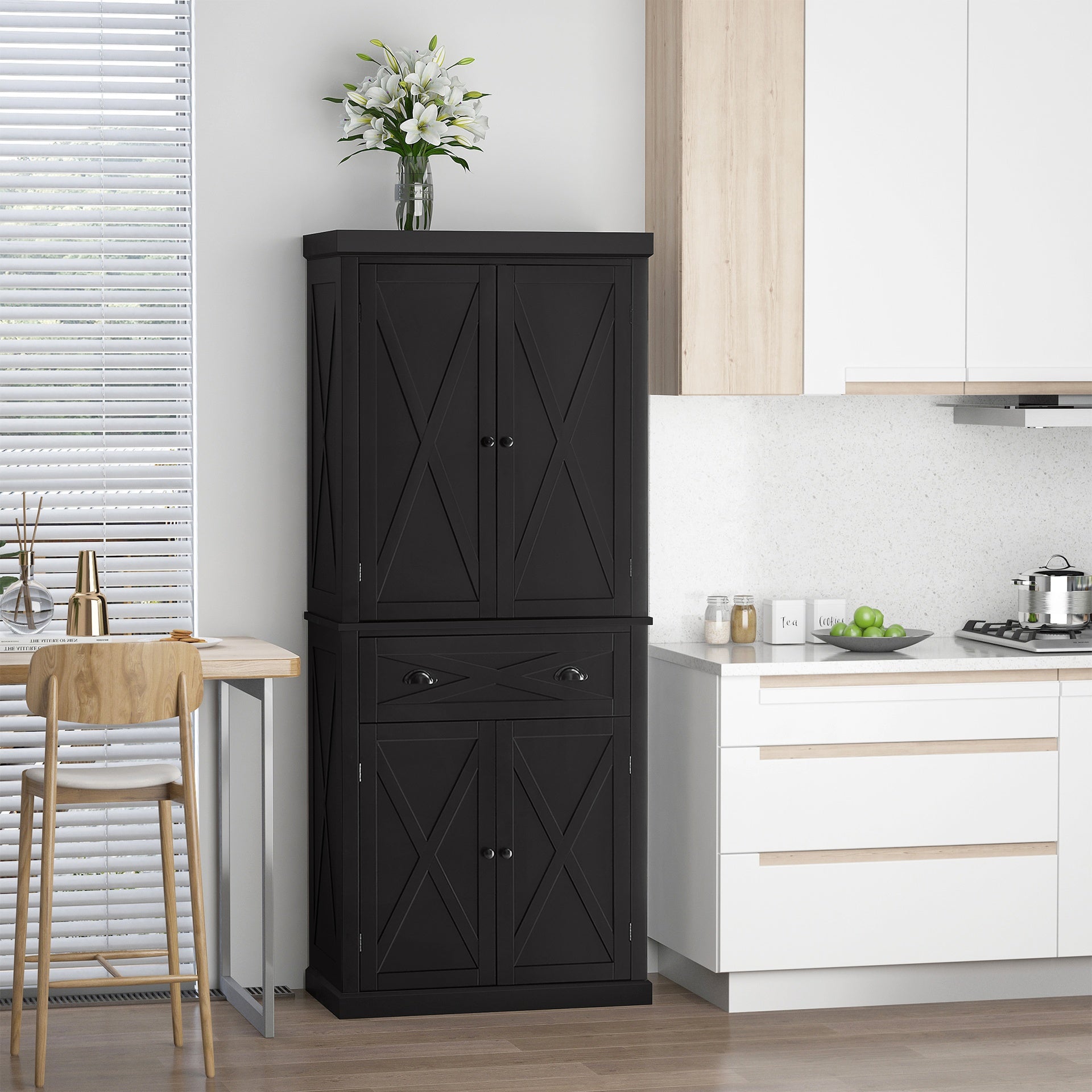 HOMCOM 72" Kitchen Pantry Storage Cabinet, Traditional Freestanding Pantry Cabinet with 4 Doors and 2 Adjustable Shelves, Large Central Drawer, X-Frame, Black