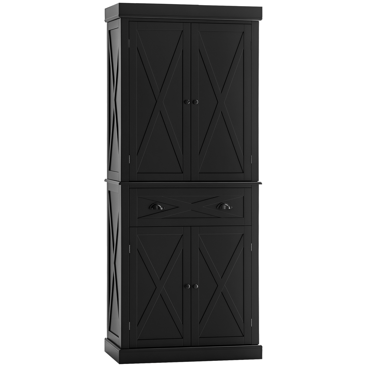 HOMCOM 72" Kitchen Pantry Storage Cabinet, Traditional Freestanding Pantry Cabinet with 4 Doors and 2 Adjustable Shelves, Large Central Drawer, X-Frame, Black