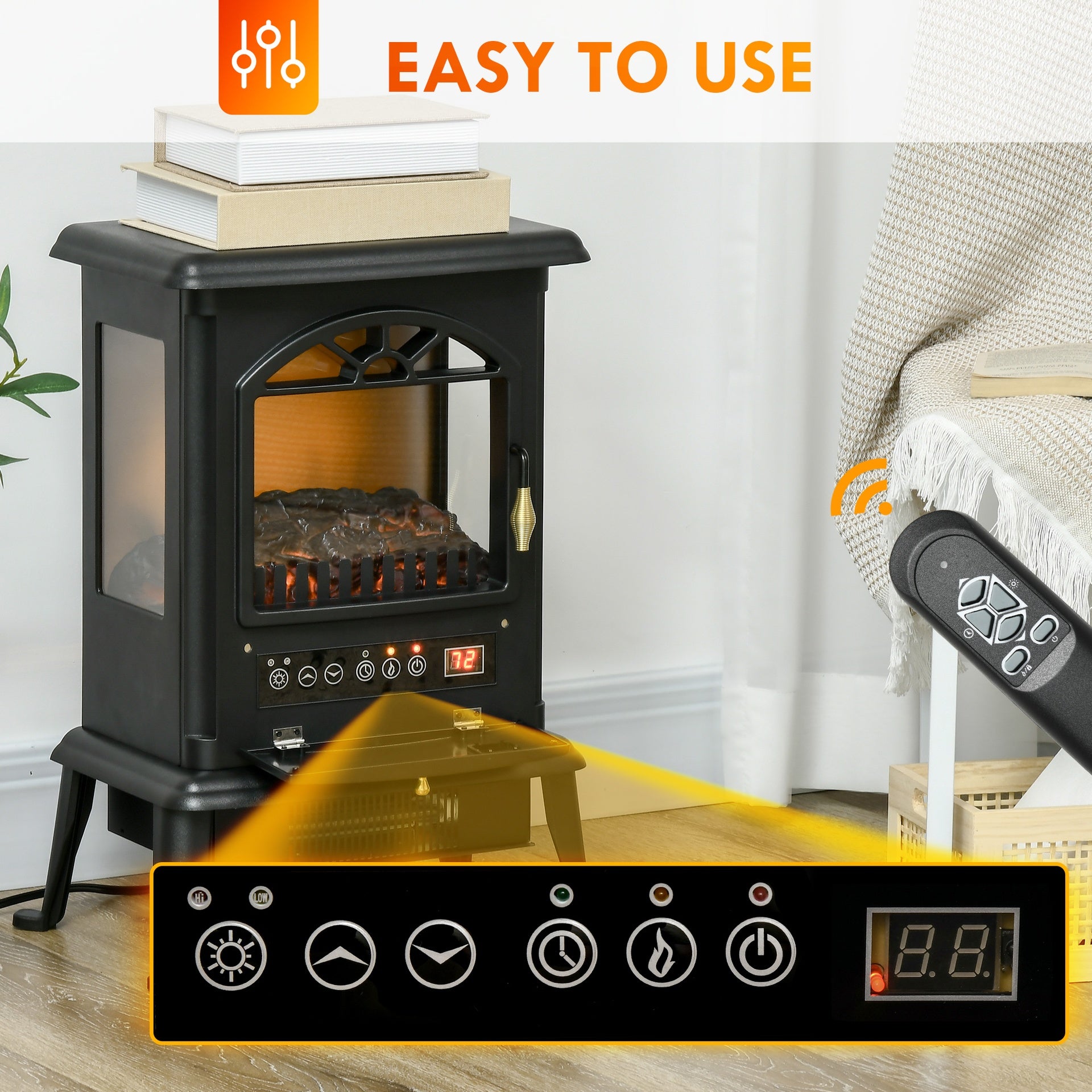 HOMCOM 23" Electric Infrared Fireplace Stove, Freestanding Fire Place Heater with Realistic Log Flame, Adjustable Temperature, Timer, 1000W/1500W, Black