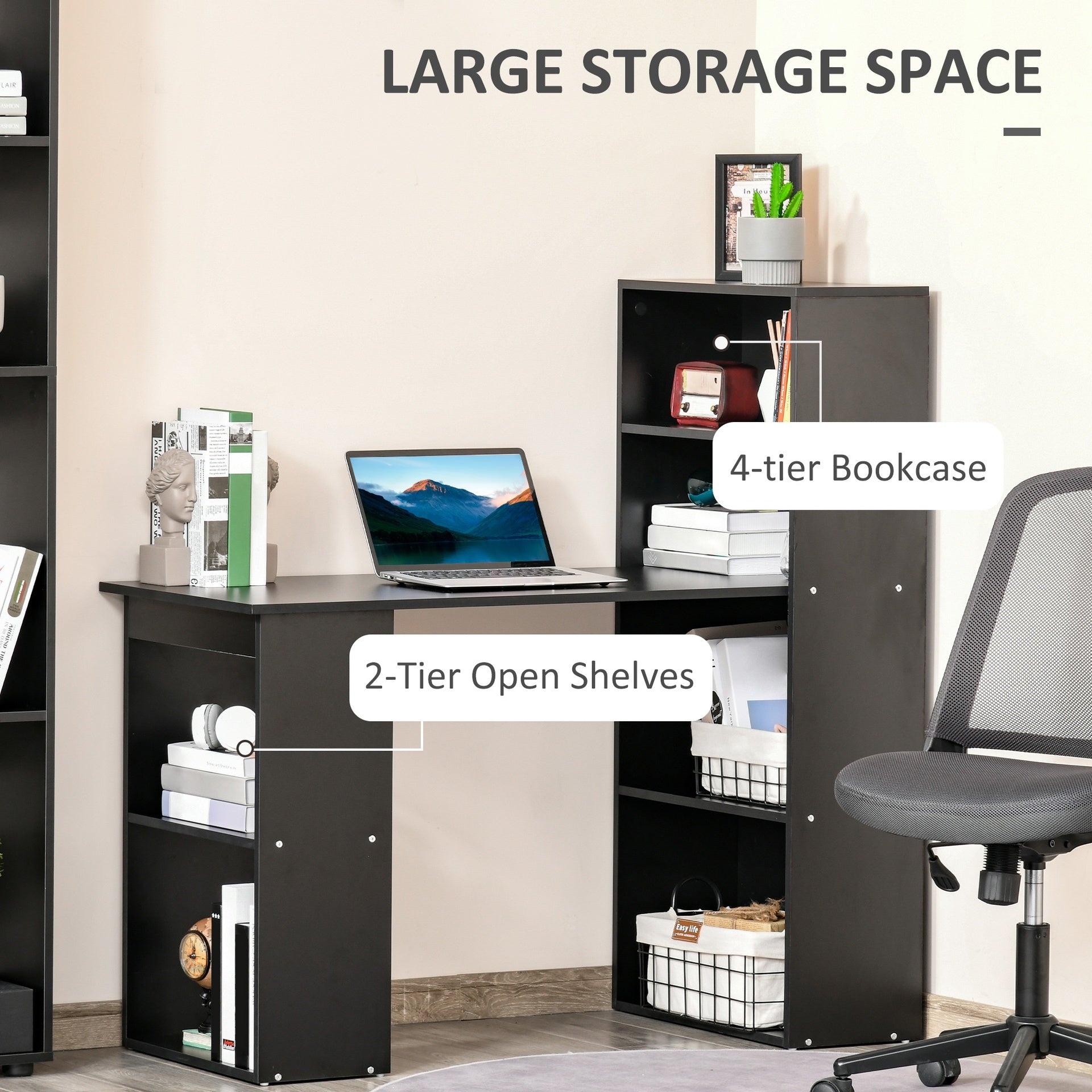 HOMCOM Modern Home Office Desk with 6-Tier Storage Shelves, 47" Writing Table with Bookshelf, Black