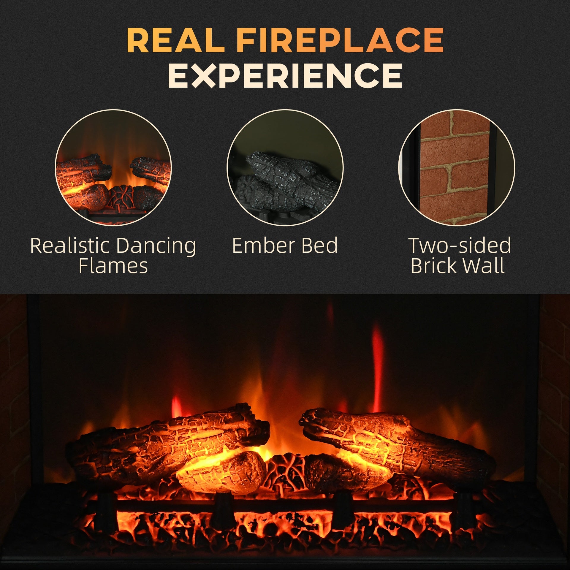 HOMCOM 27" Electric Fireplace Insert, Retro Recessed Fireplace Heater with Realistic Log Flame, Remote Control, and Adjustable Brightness, 1400W, Black
