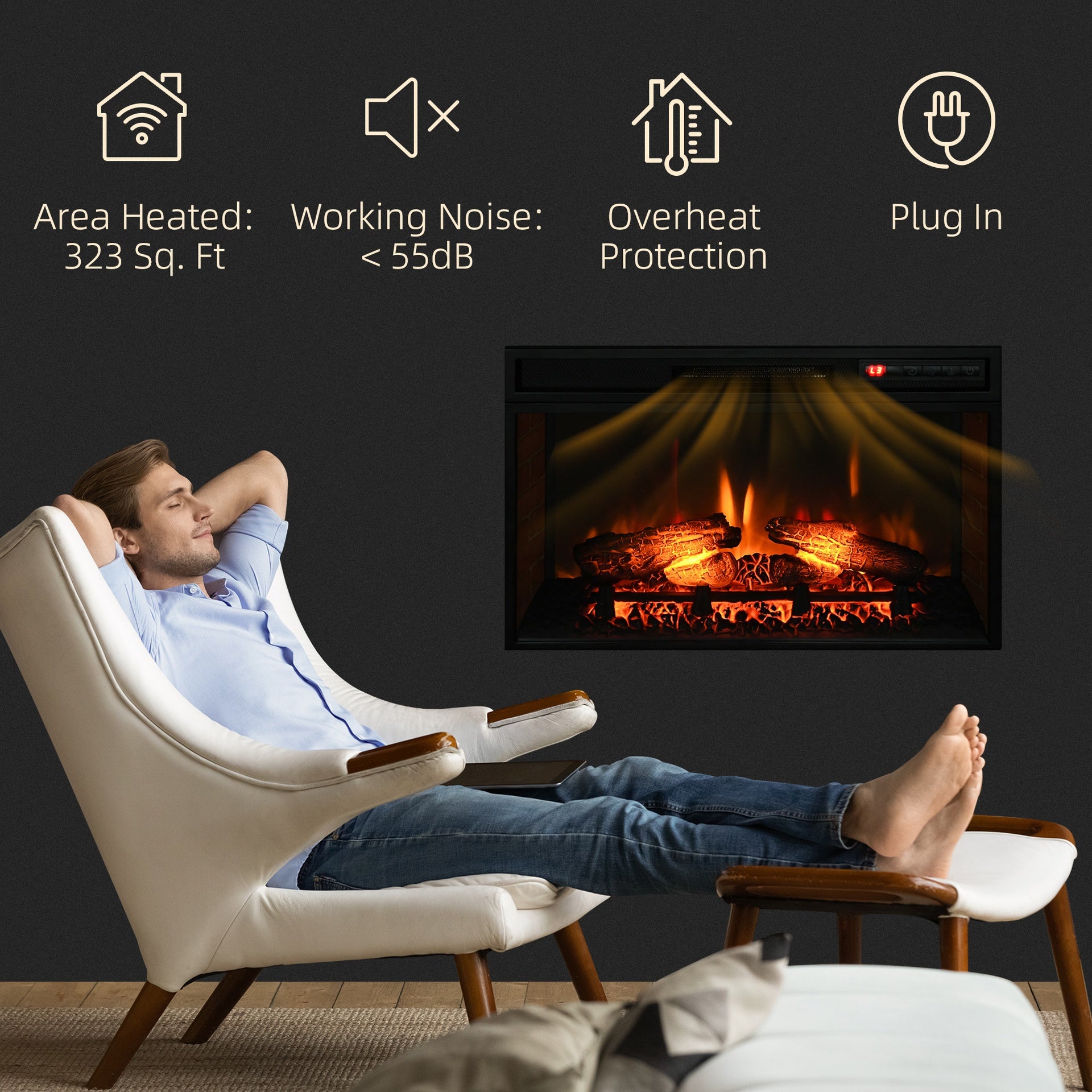 HOMCOM 27" Electric Fireplace Insert, Retro Recessed Fireplace Heater with Realistic Log Flame, Remote Control, and Adjustable Brightness, 1400W, Black