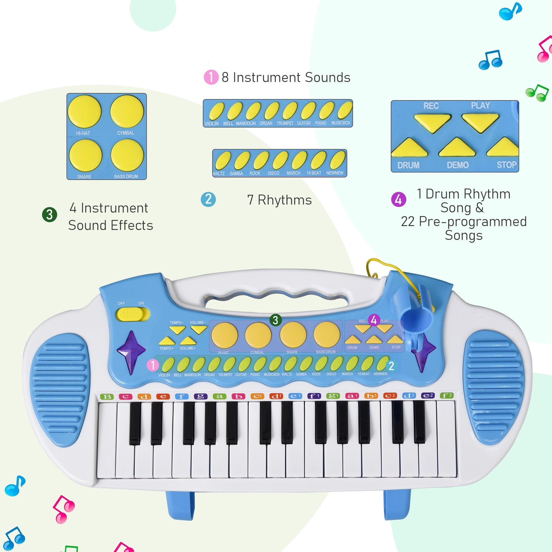 Qaba 31-Key Kids Toy Keyboard Piano, Electronic Musical Instrument with Multiple Sounds, Stool, Microphone and Bright Flashing Lights, Blue