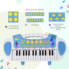 Qaba 31-Key Kids Toy Keyboard Piano, Electronic Musical Instrument with Multiple Sounds, Stool, Microphone and Bright Flashing Lights, Blue