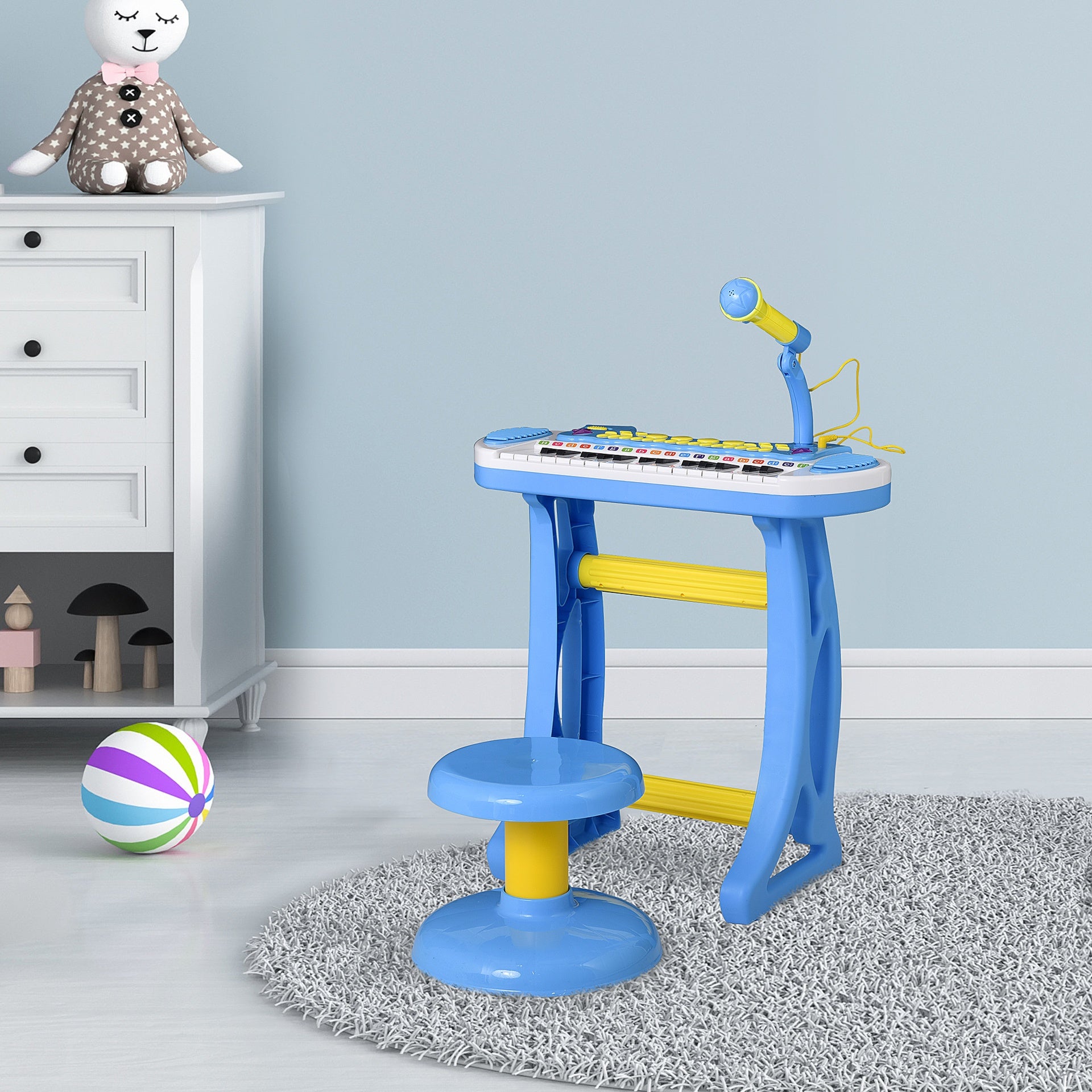 Qaba 31-Key Kids Toy Keyboard Piano, Electronic Musical Instrument with Multiple Sounds, Stool, Microphone and Bright Flashing Lights, Blue