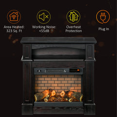 32" Electric Fireplace with Mantel, Freestanding Heater with LED Log Flame, Shelf and Remote Control, 700W/1400W, Brown