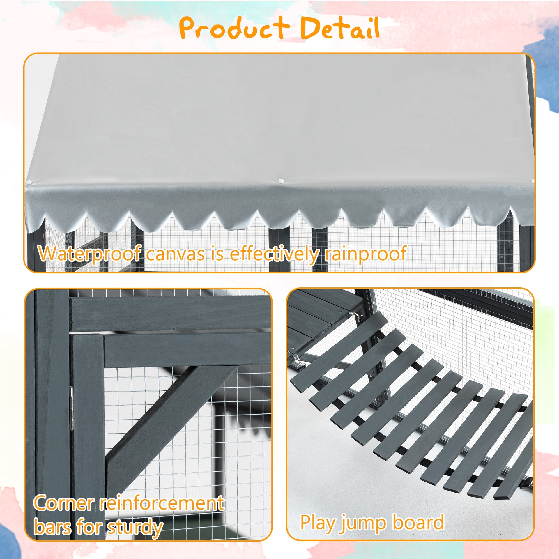 Large Outdoor Cat House, 28ft² Luxury Wooden Cat Run Enclosure Walk in Cat Catio Kitten Condo with 2 Cat Doors, 2 Playpen & Hiding Houses, Bridges, Walks, Roof Cover, Grey