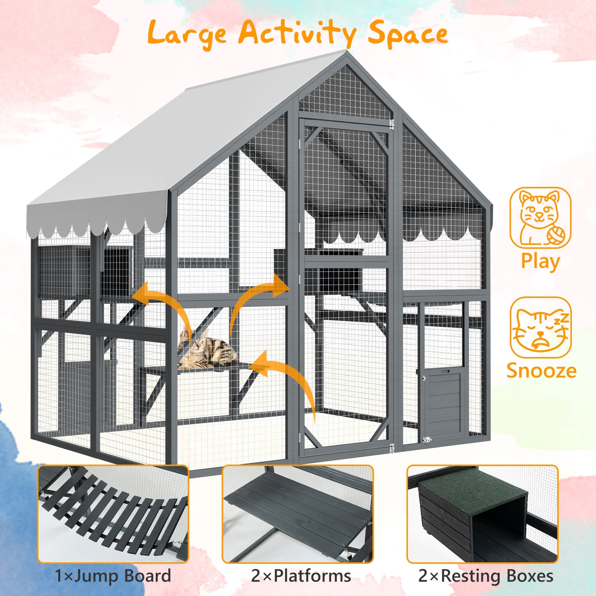 Large Outdoor Cat House, 28ft² Luxury Wooden Cat Run Enclosure Walk in Cat Catio Kitten Condo with 2 Cat Doors, 2 Playpen & Hiding Houses, Bridges, Walks, Roof Cover, Grey