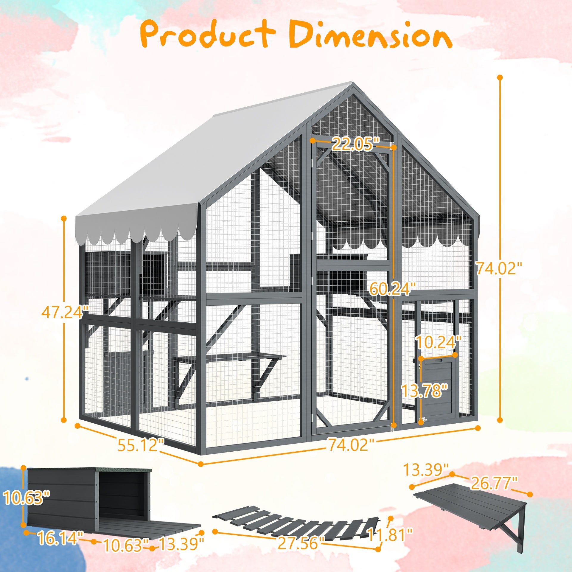 Large Outdoor Cat House, 28ft² Luxury Wooden Cat Run Enclosure Walk in Cat Catio Kitten Condo with 2 Cat Doors, 2 Playpen & Hiding Houses, Bridges, Walks, Roof Cover, Grey