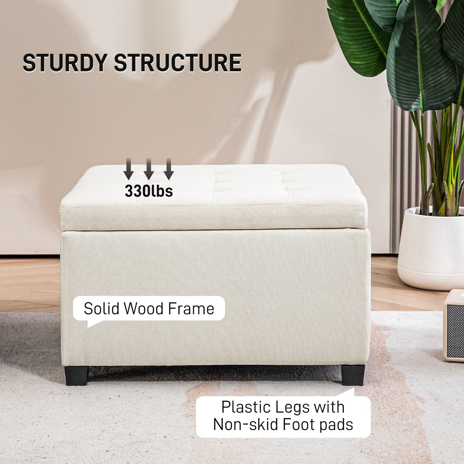 HOMCOM Fabric Tufted Storage Ottoman with Flip Top Seat Lid, Metal Hinge and Stable Eucalyptus Wood Frame for Living Room, Entryway, or Bedroom, Beige