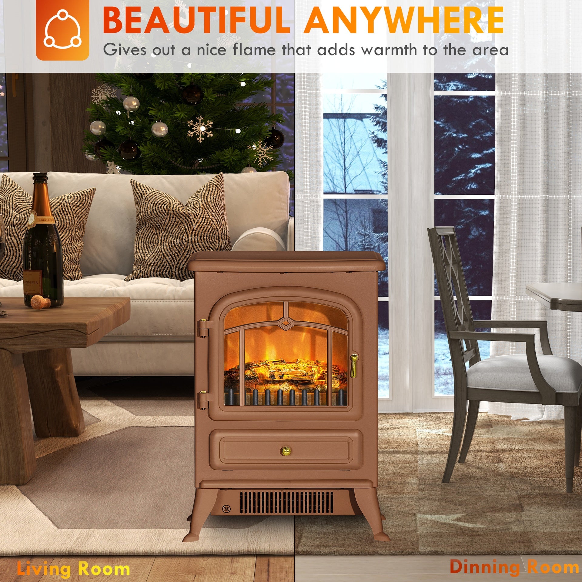 HOMCOM 22" Electric Fireplace Heater, Freestanding Fire Place Stove with Realistic LED Flames and Logs, and Overheating Protection, 750W/1500W, Dark Brown