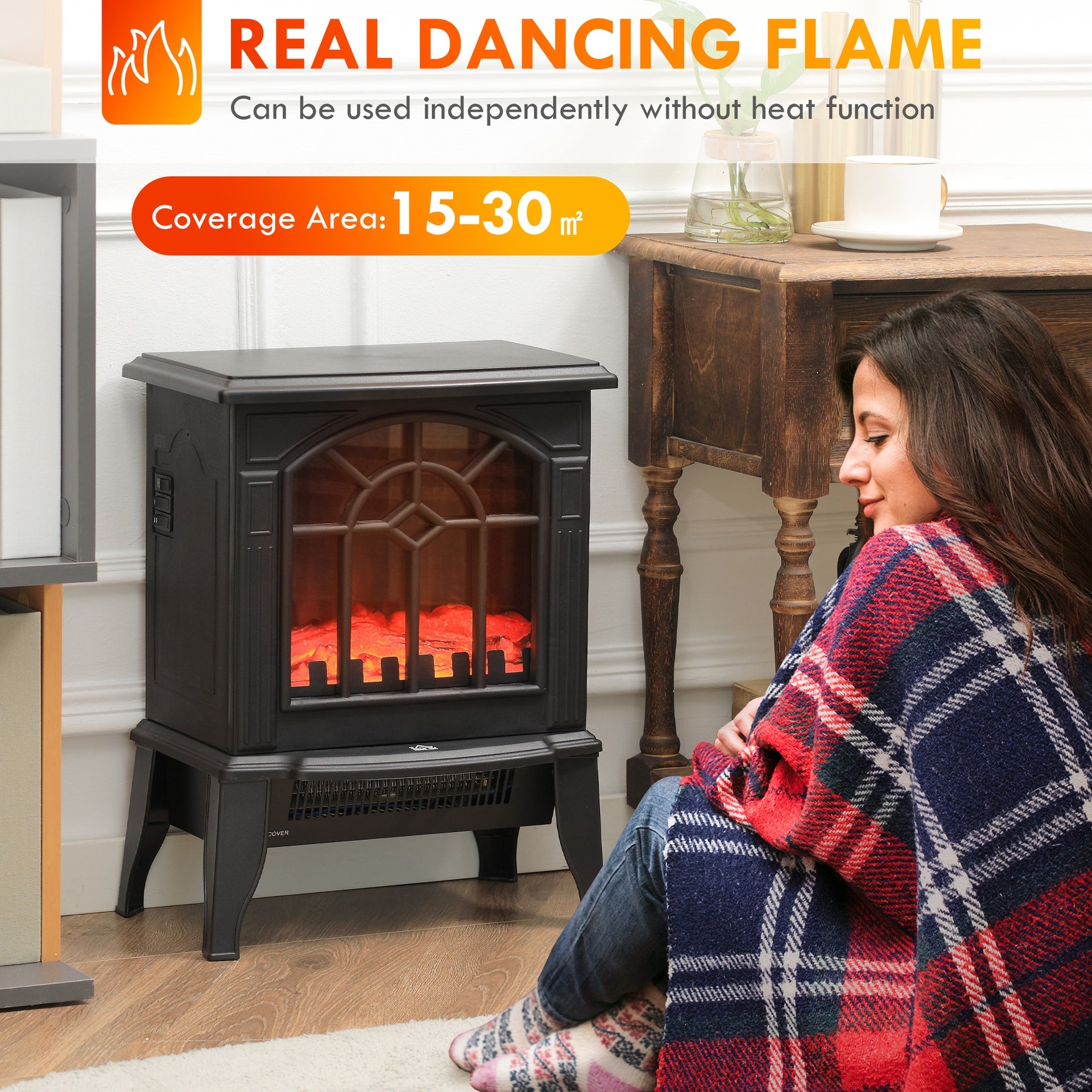 HOMCOM Electric Fireplace Stove, 18" Freestanding Fireplace Heater with Realistic Flame, Overheating Protection, Portable, 750W/1500W, Black